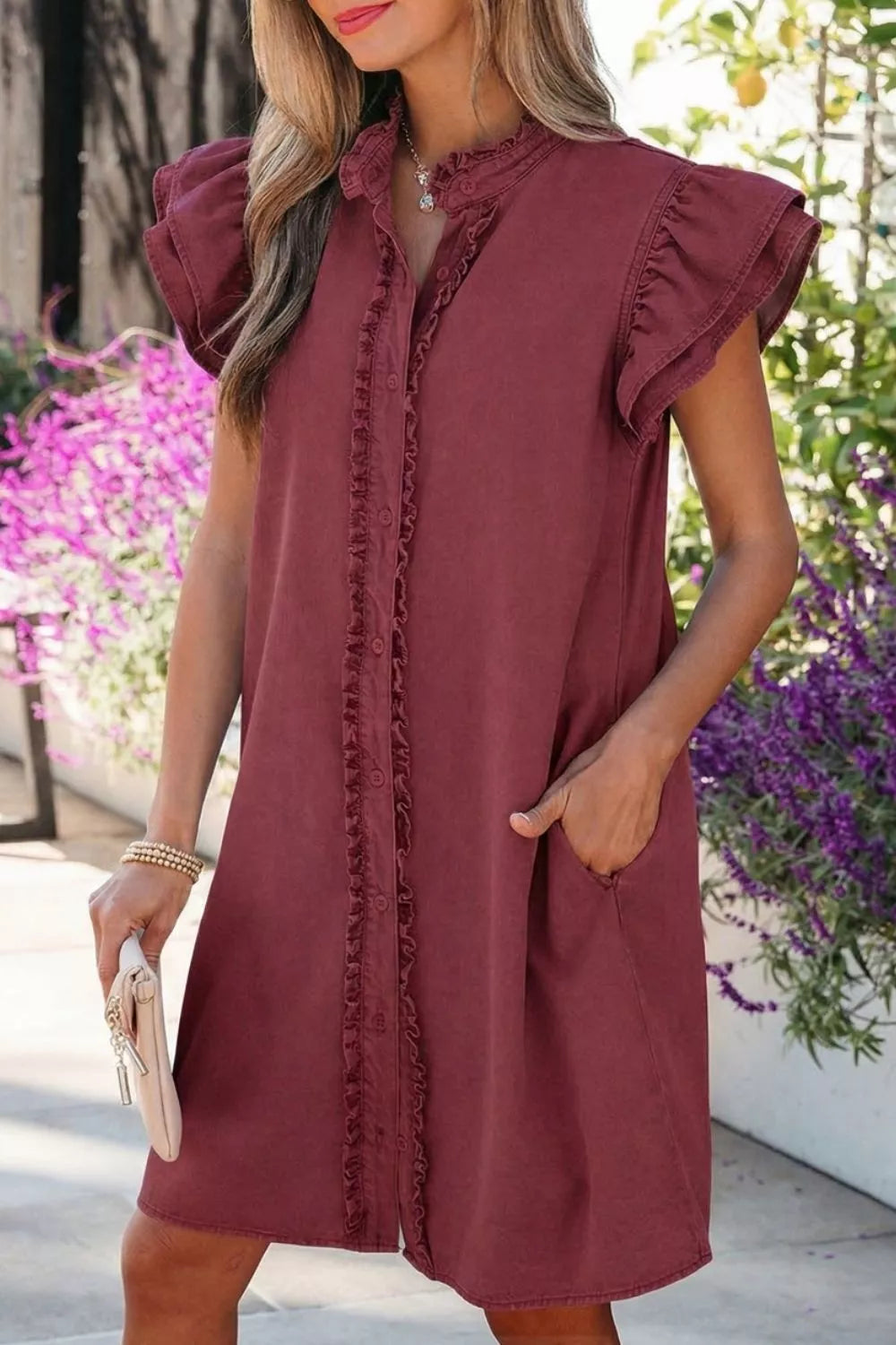 Frilled Detail Button Down Ruffle Short Sleeve Denim Mini Dress