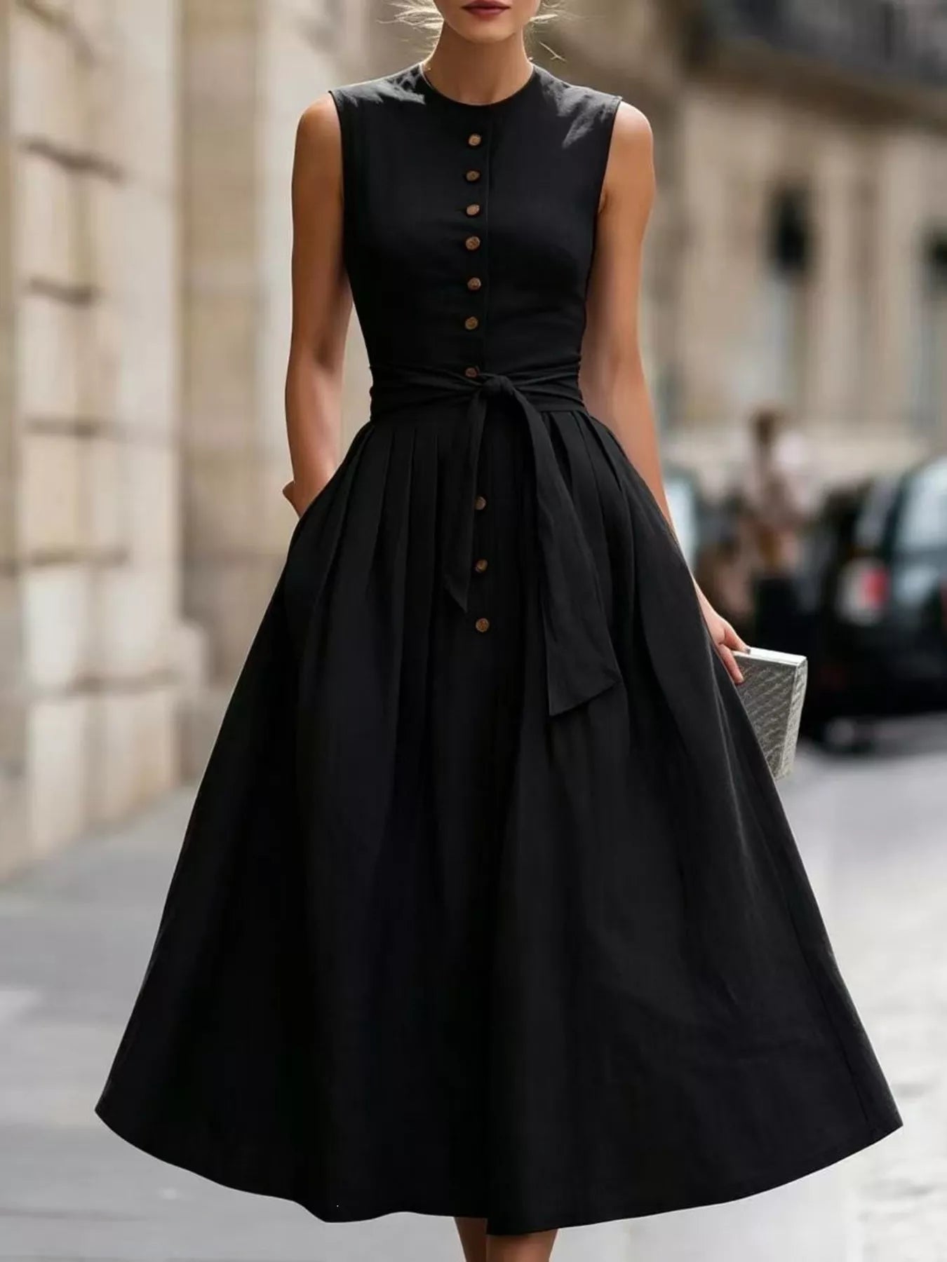Full Size Sleeveless Button-Front Belted Midi Dress Plus Size