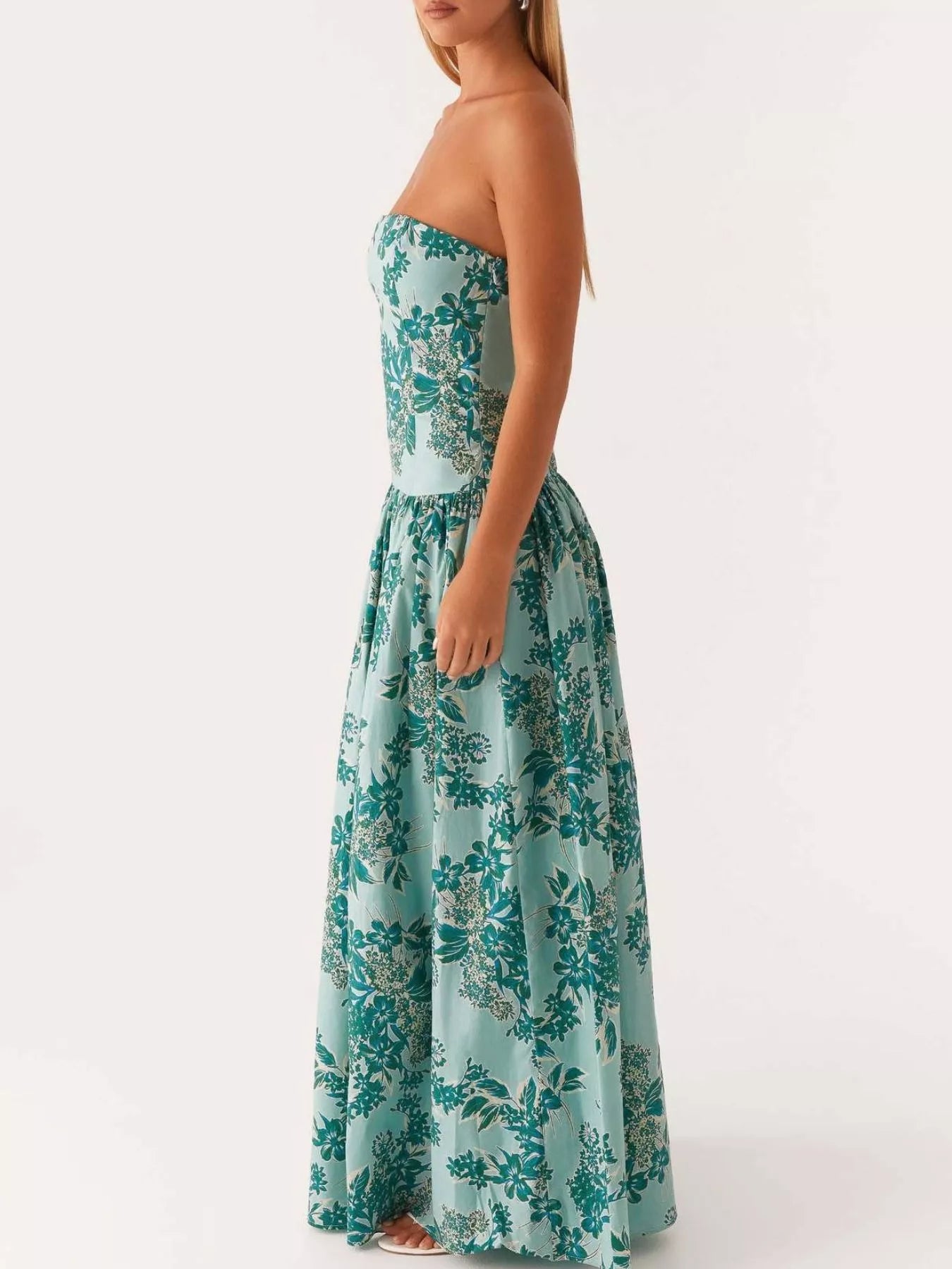 Ruched Printed Tube Maxi Dress
