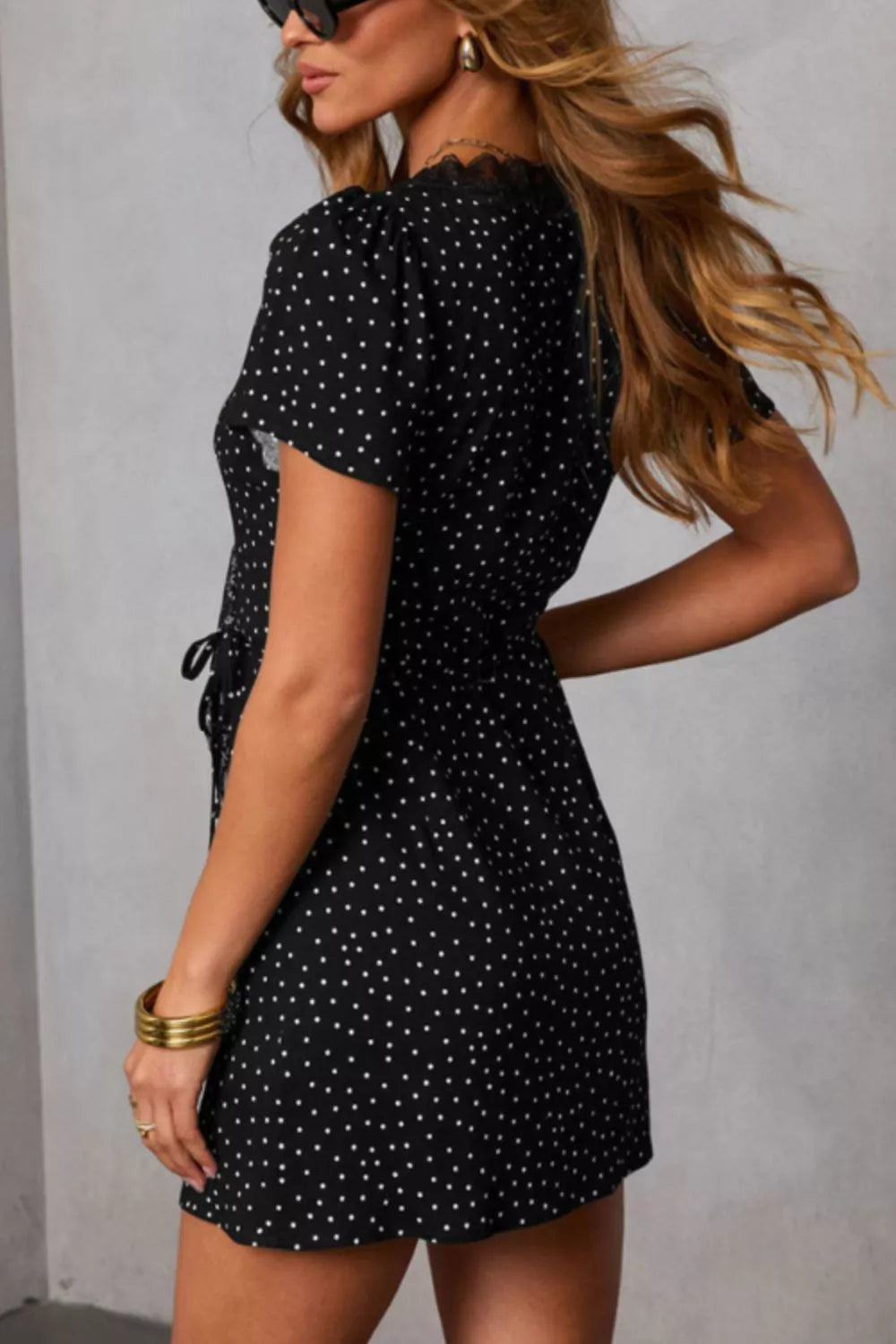 Polka Dot Print Lace Trim Wrap Mini Dress