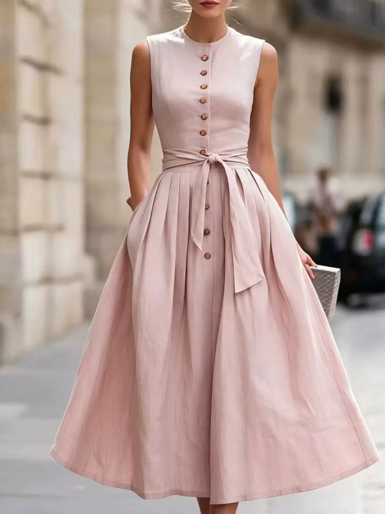 Full Size Sleeveless Button-Front Belted Midi Dress Plus Size