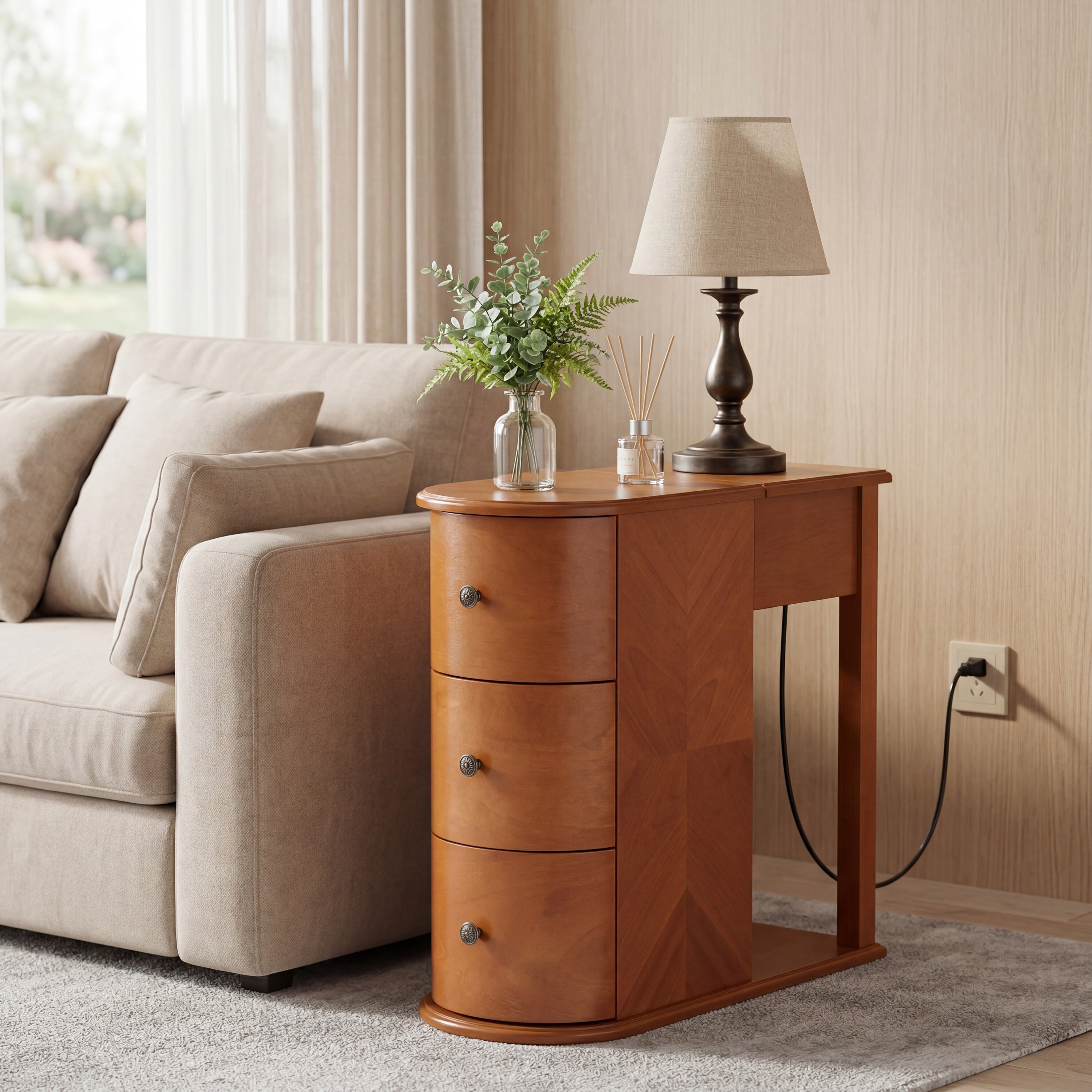 Modern End Table with Hidden Cup Holder Drawer & Charging Station