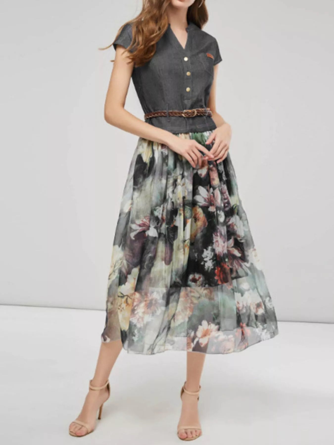 Full Size Patchwork Floral Print Chiffon Dress Plus Size