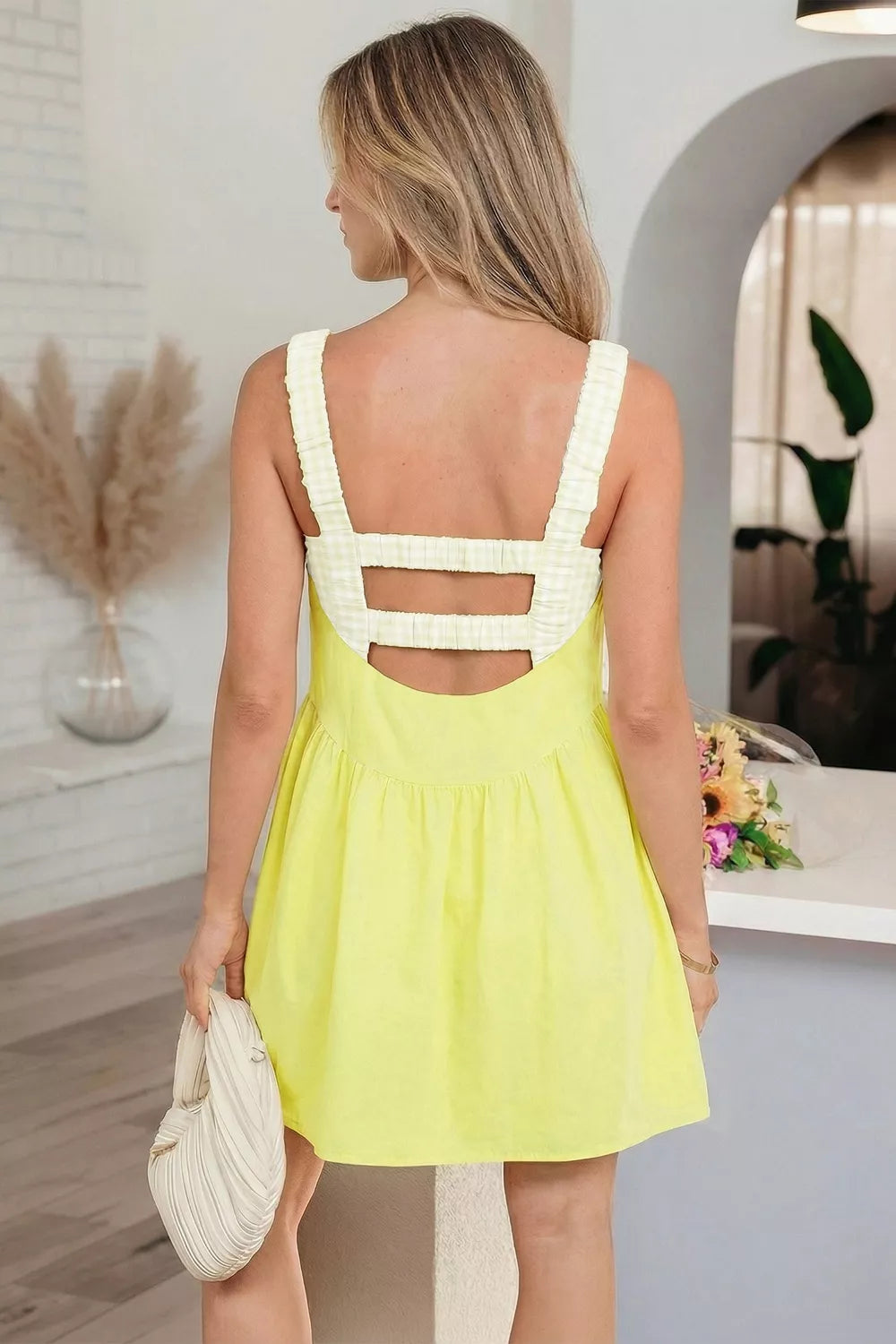 Faux Two Piece Gingham Contrast Patchwork Loose Mini Dress