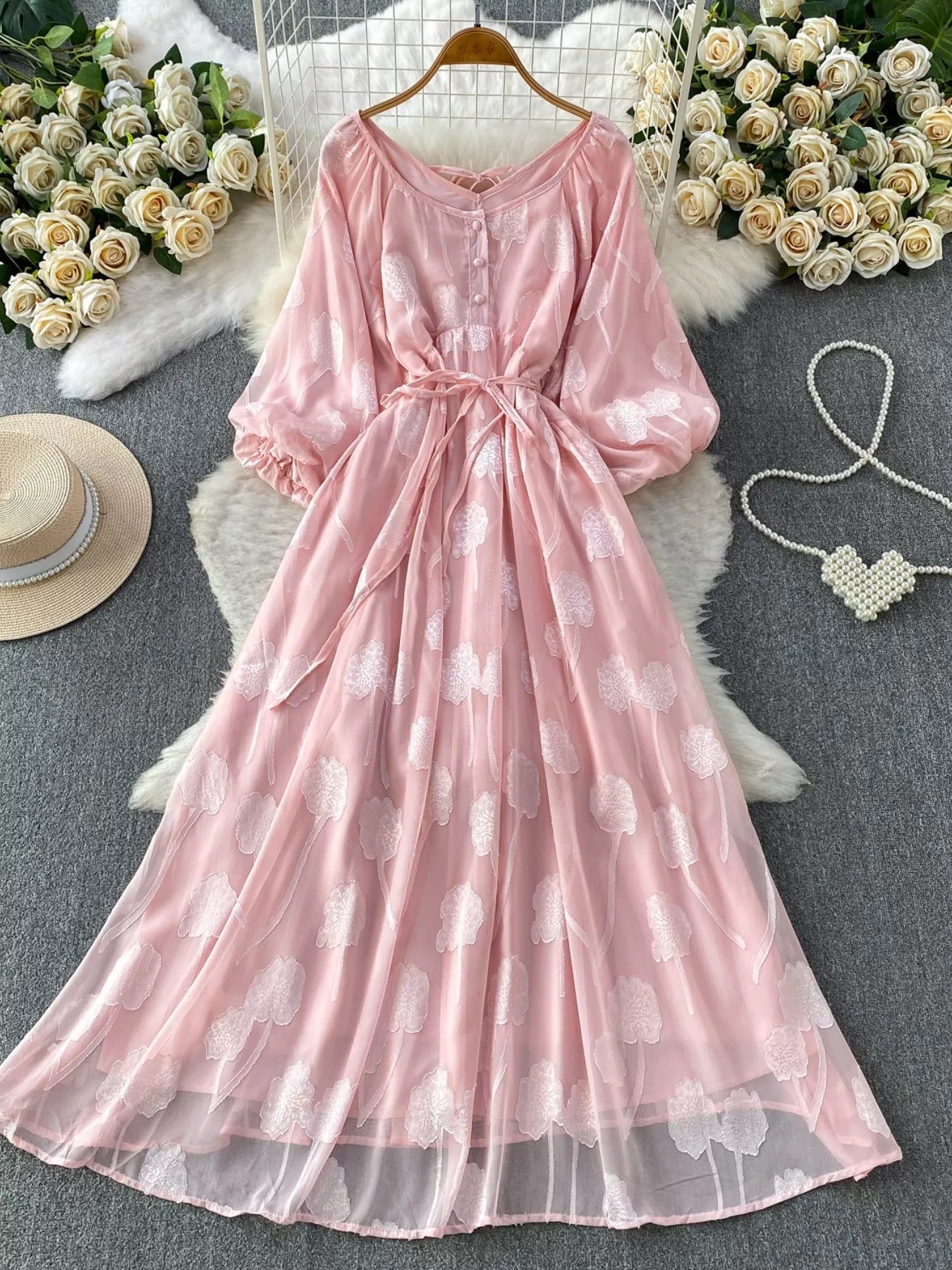 Button Front Puff Sleeve Chiffon Dress