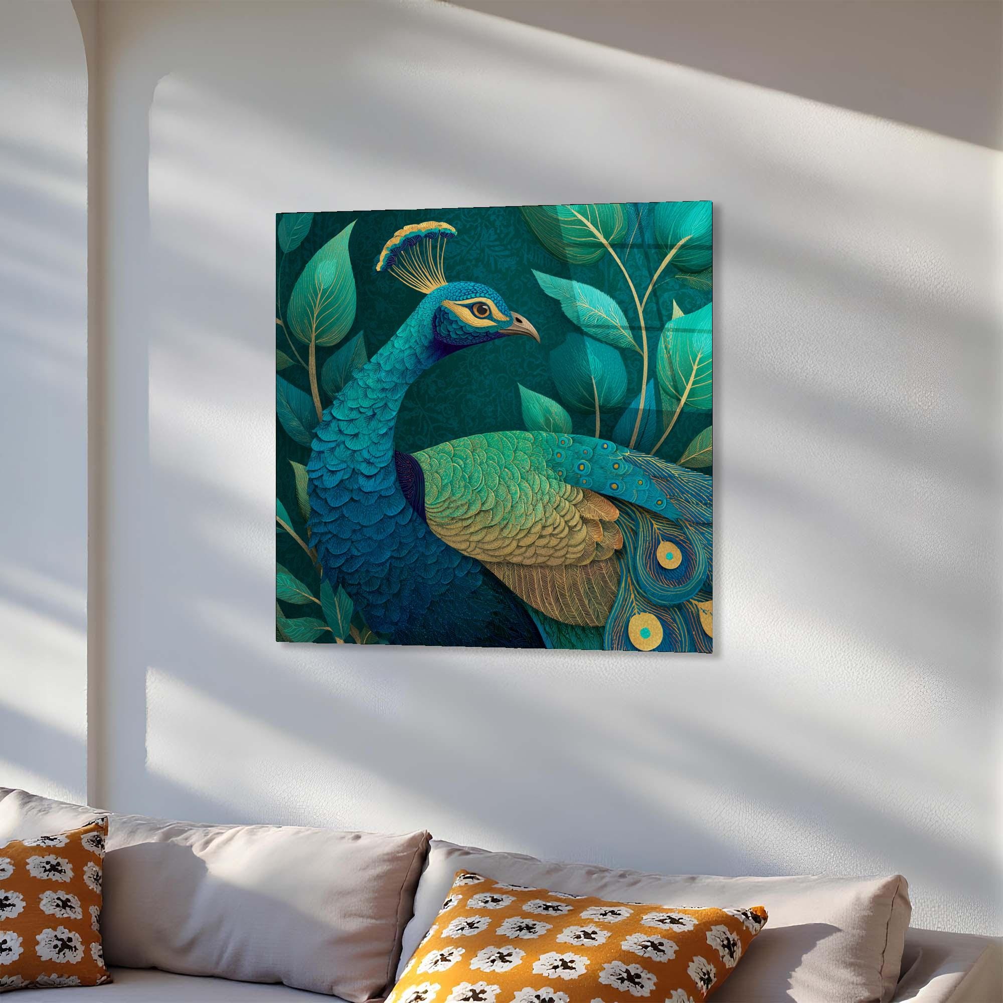 Teal & Gold Peacock Tempered Glass Wall Art | Elegant Home Decor