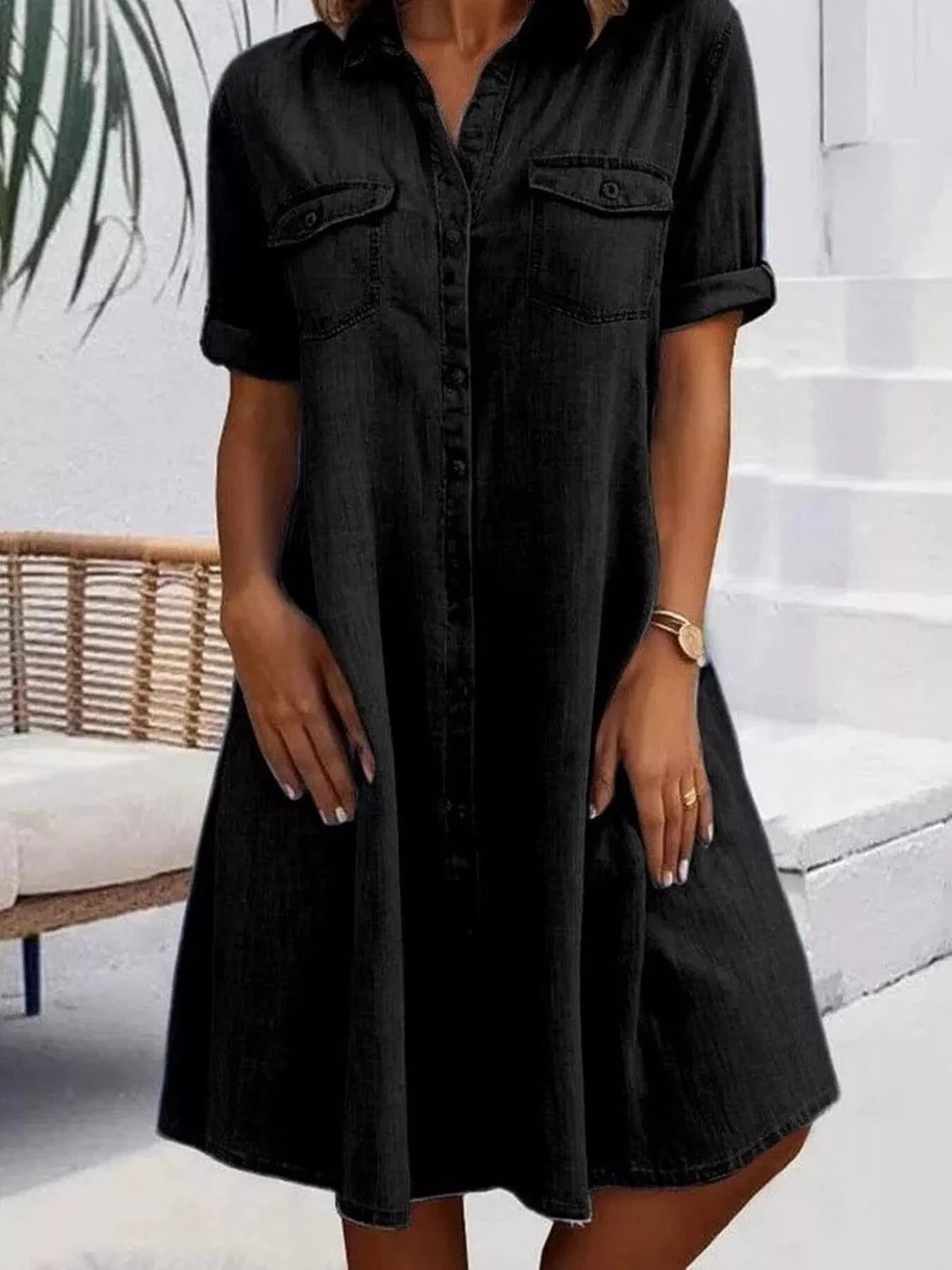 Full Size Button-Front Short Sleeve Denim Dress Plus Size