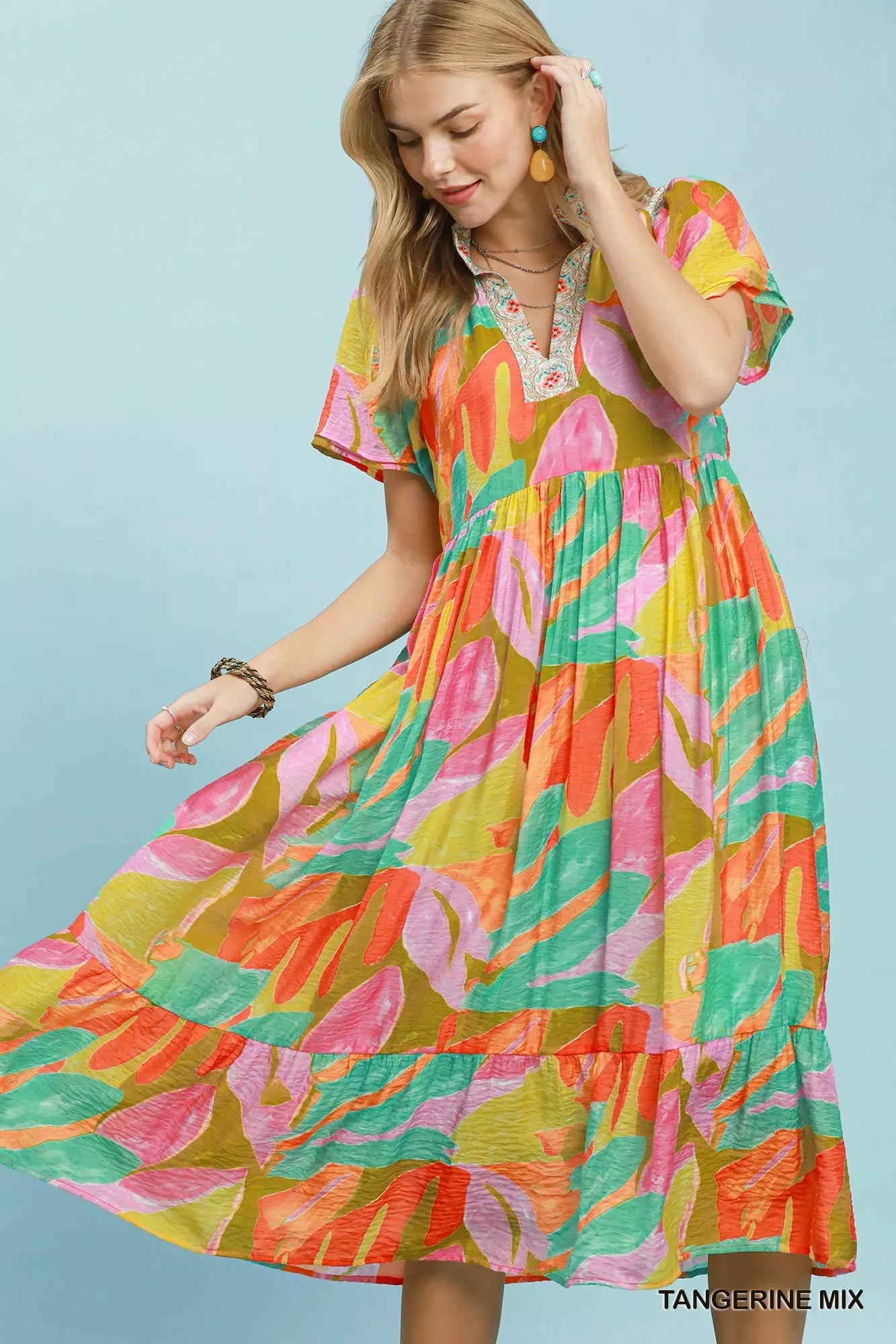 Umgee Abstract Tropical Print Tiered Midi Dress