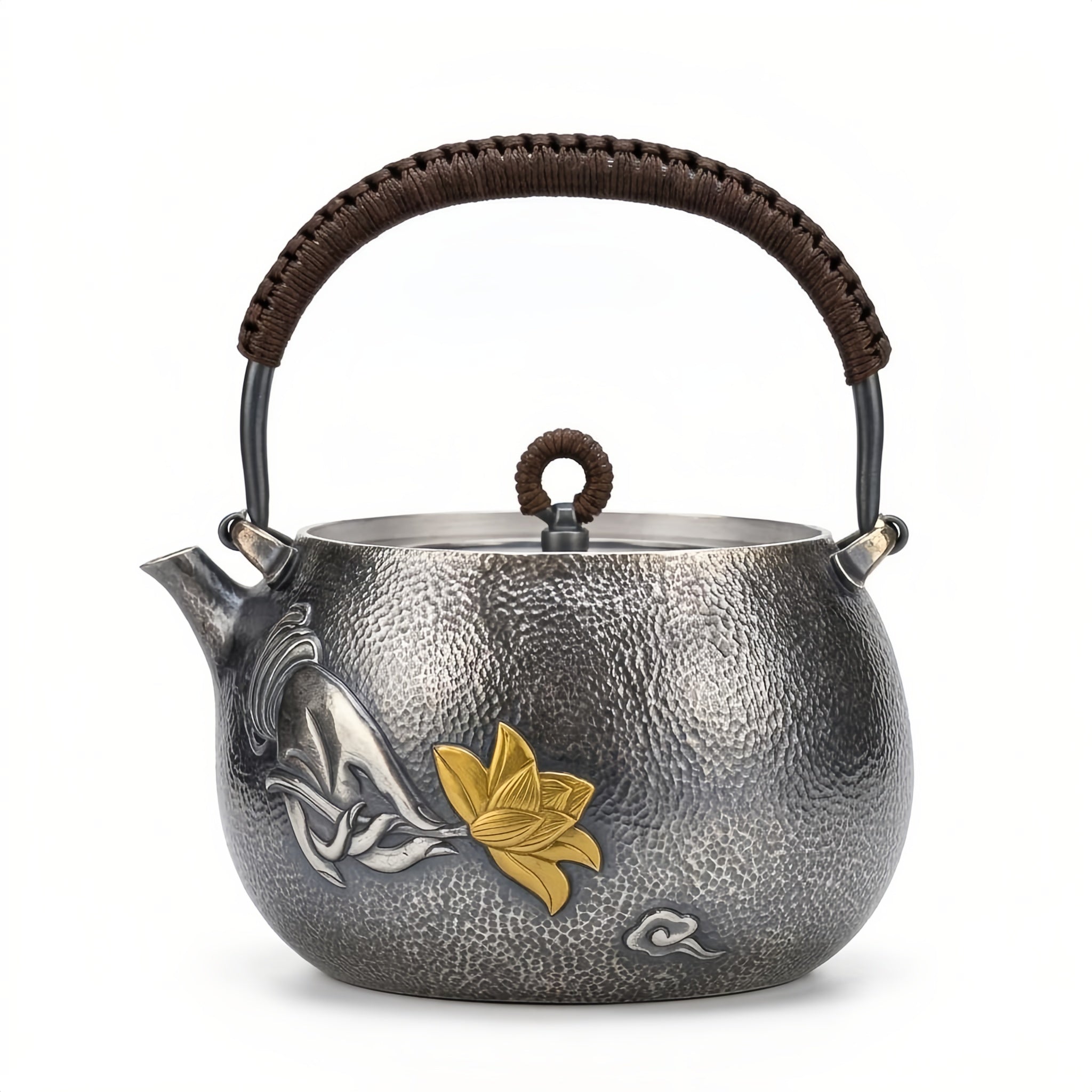 Pure 999 Fine Silver Artisanal Hammered Silver-Finish Teapot with Hand-Carved Gilded Lotus and Woven Rattan Handle - Handicraft
