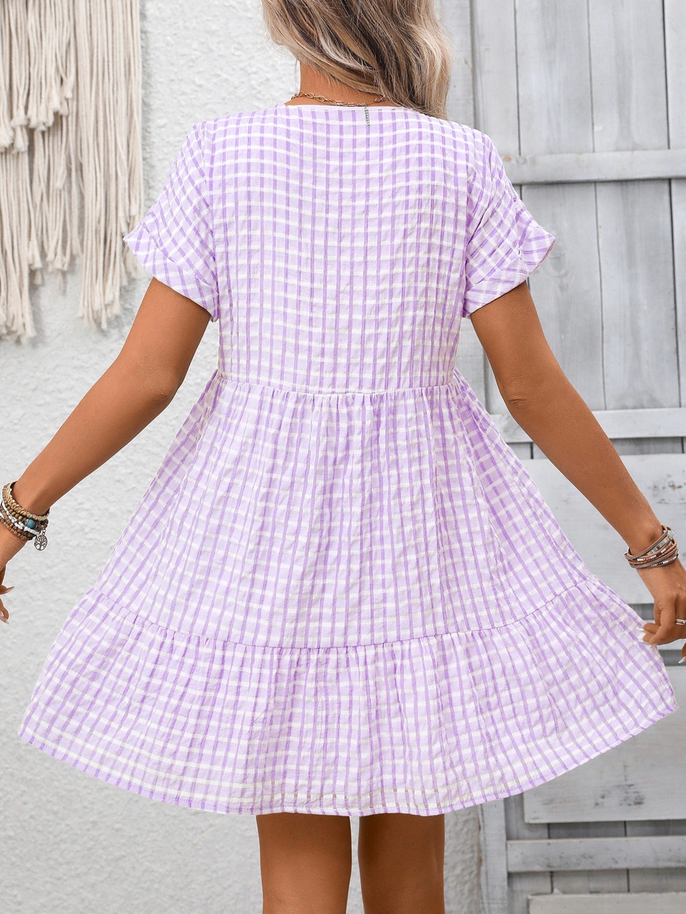 Plaid V-Neck Ruffle Hem Mini Dress
