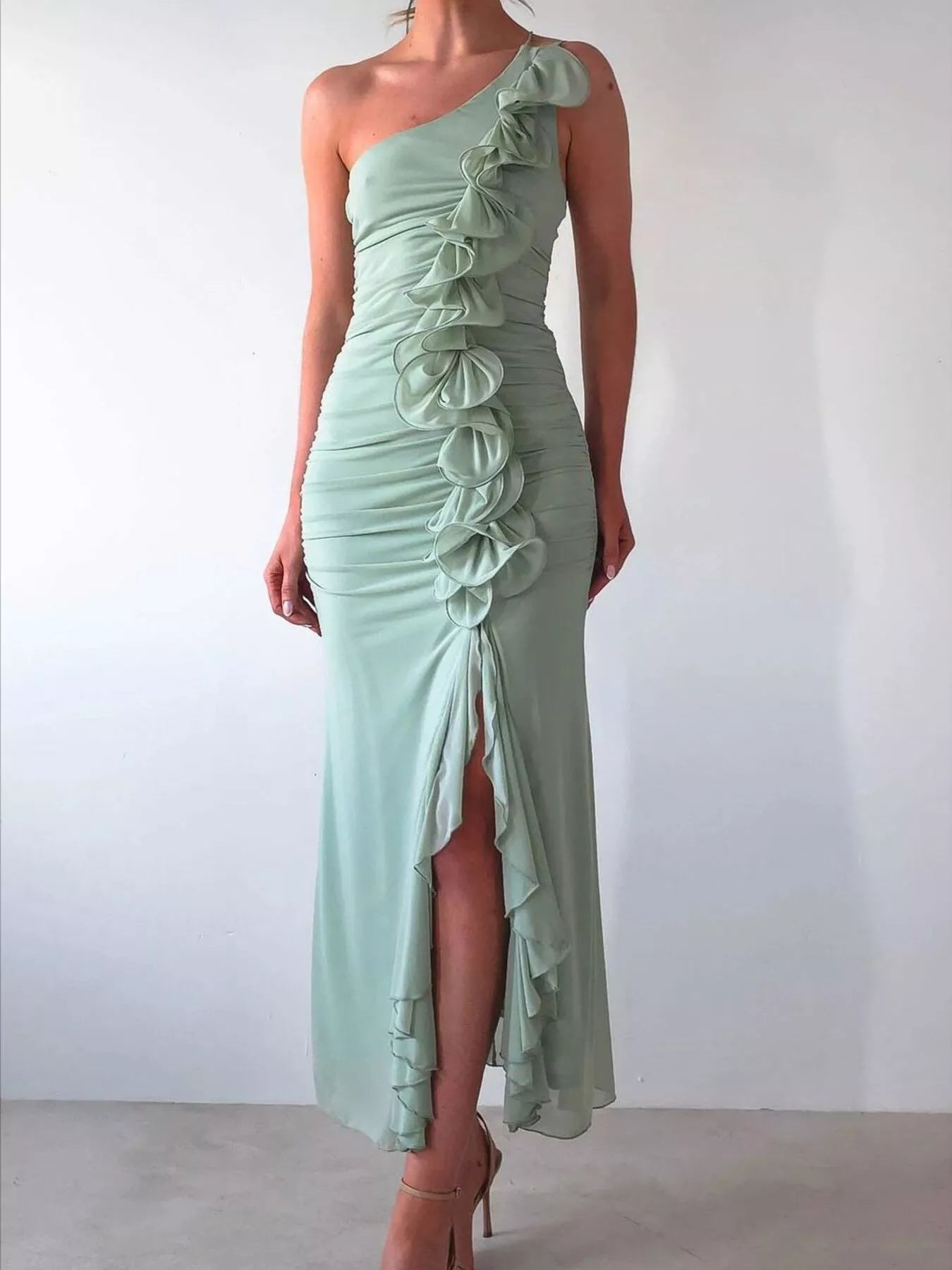 One-Shoulder Ruffle Slit Dress