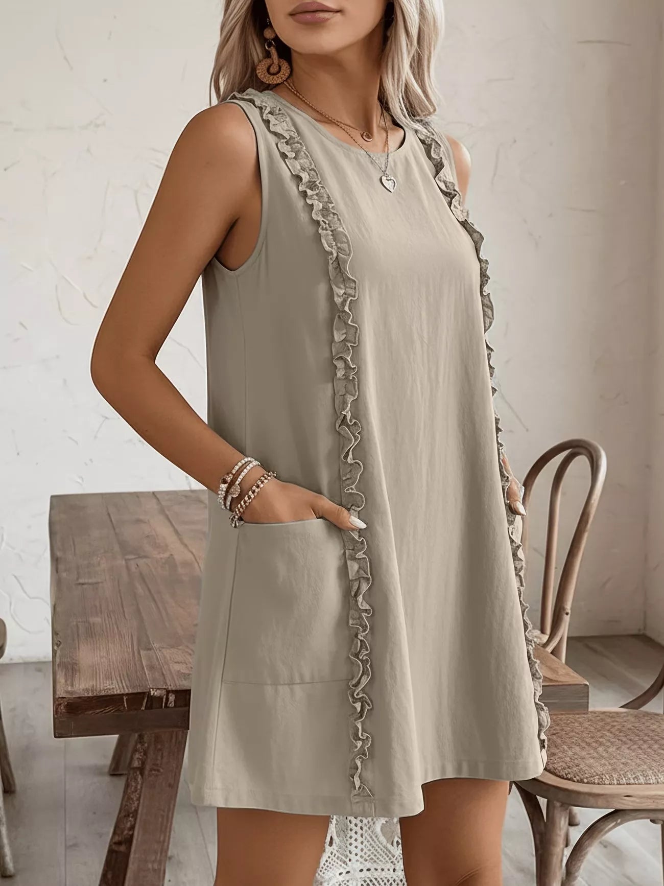 Frill Sleeveless Round Neck Dress