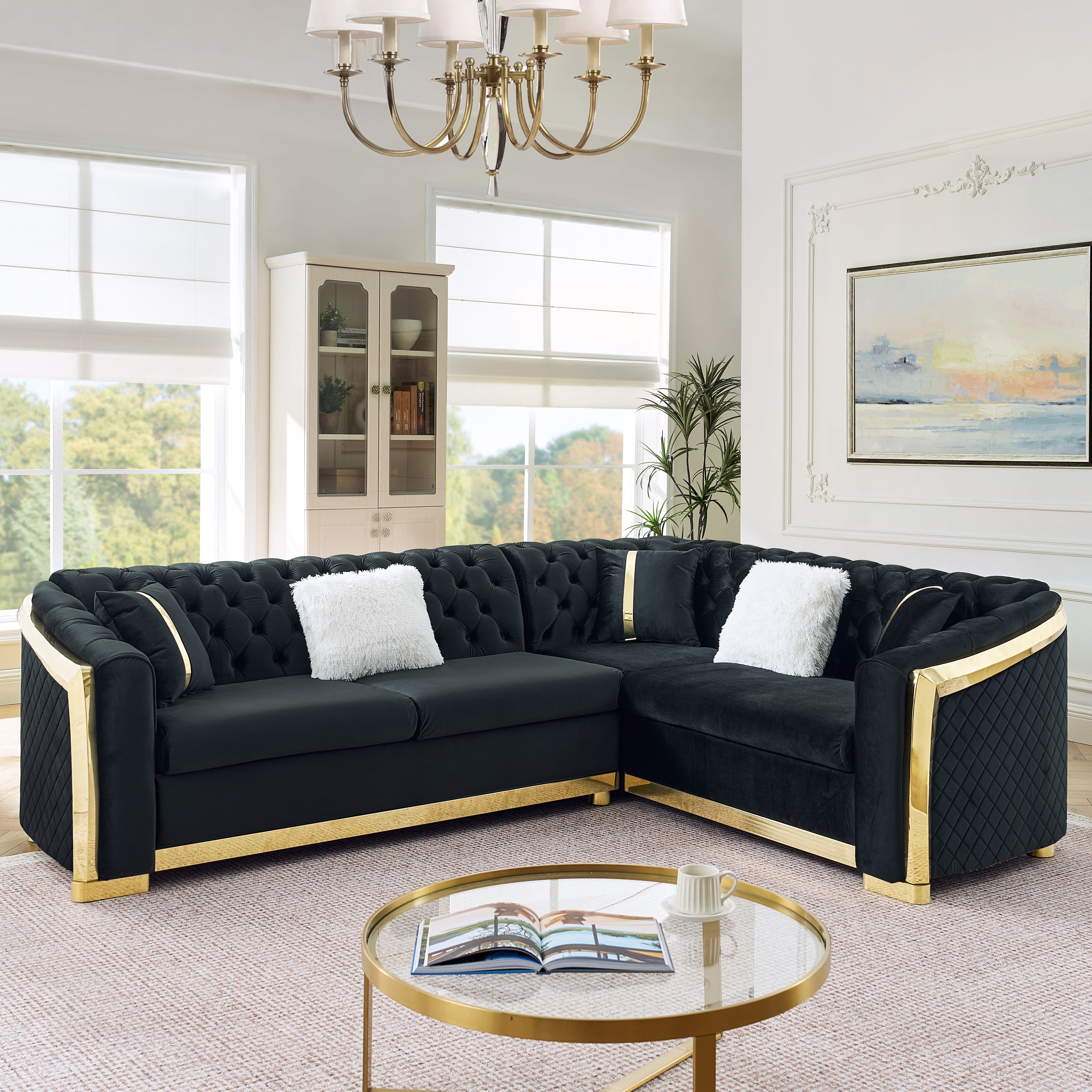 106 Inches L-Shaped Chesterfield Sectional Sofa Set