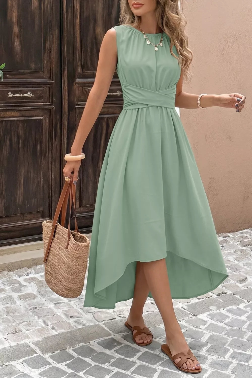 Sleeveless High-Low Hem A-Line Dress