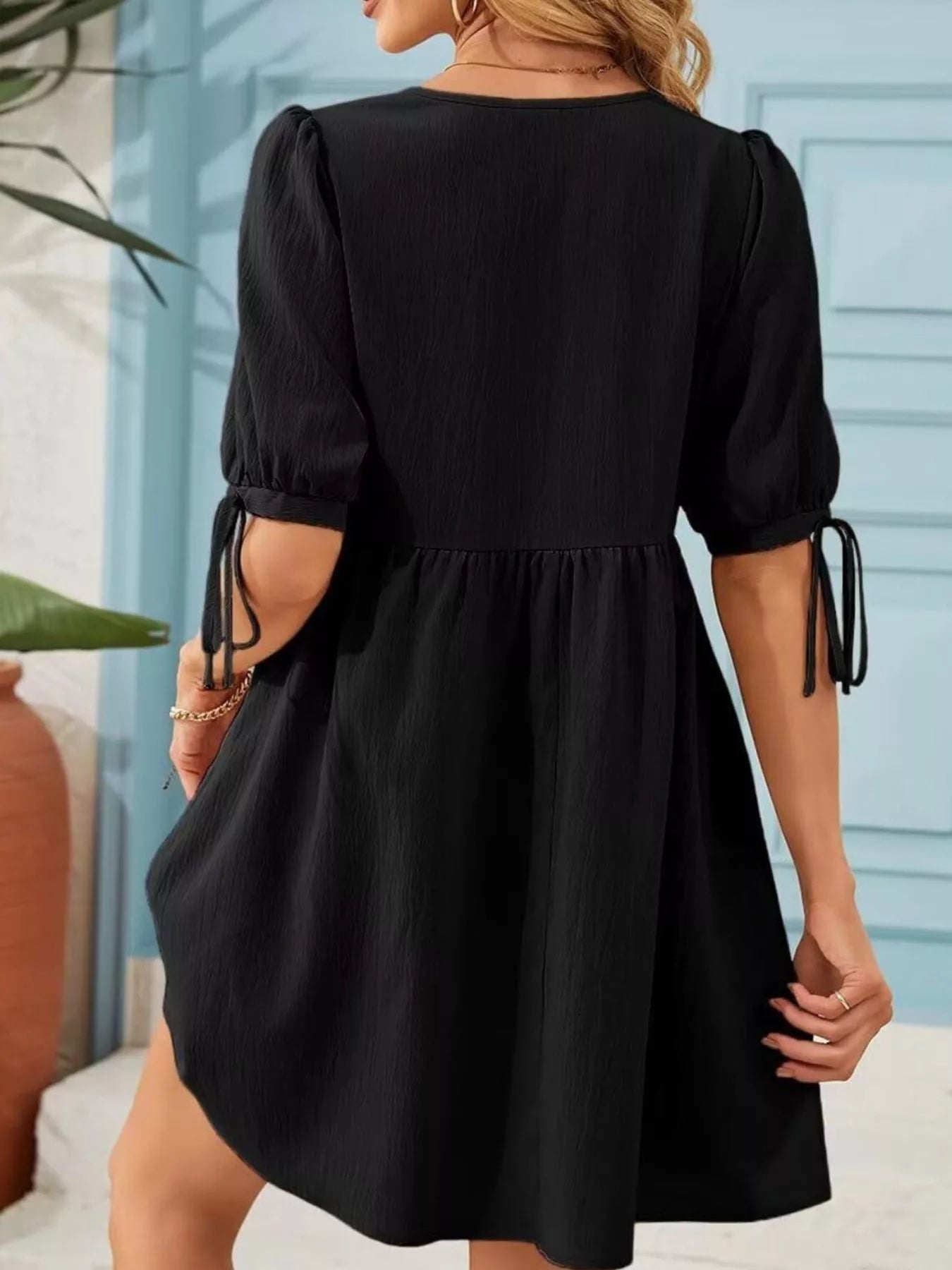 Tie-Neck Puff Sleeve A-Line Mini Dress