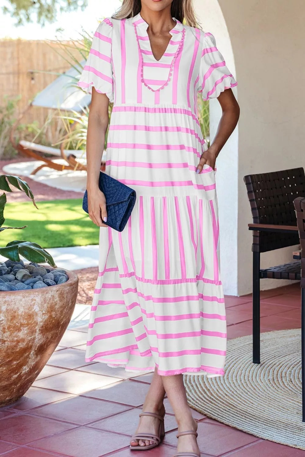 Stripe Ricrac Trim Notched Neck Half Sleeve Dress