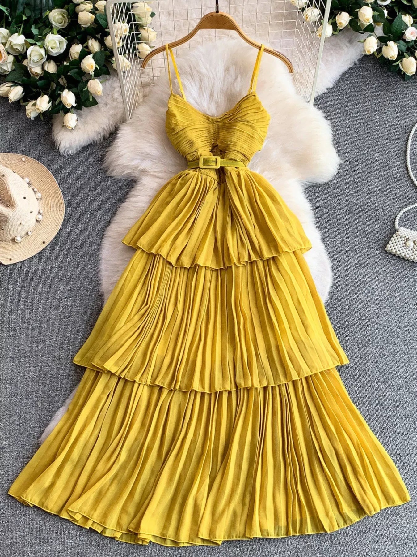 Pleated Layered Spaghetti Strap Midi Dress