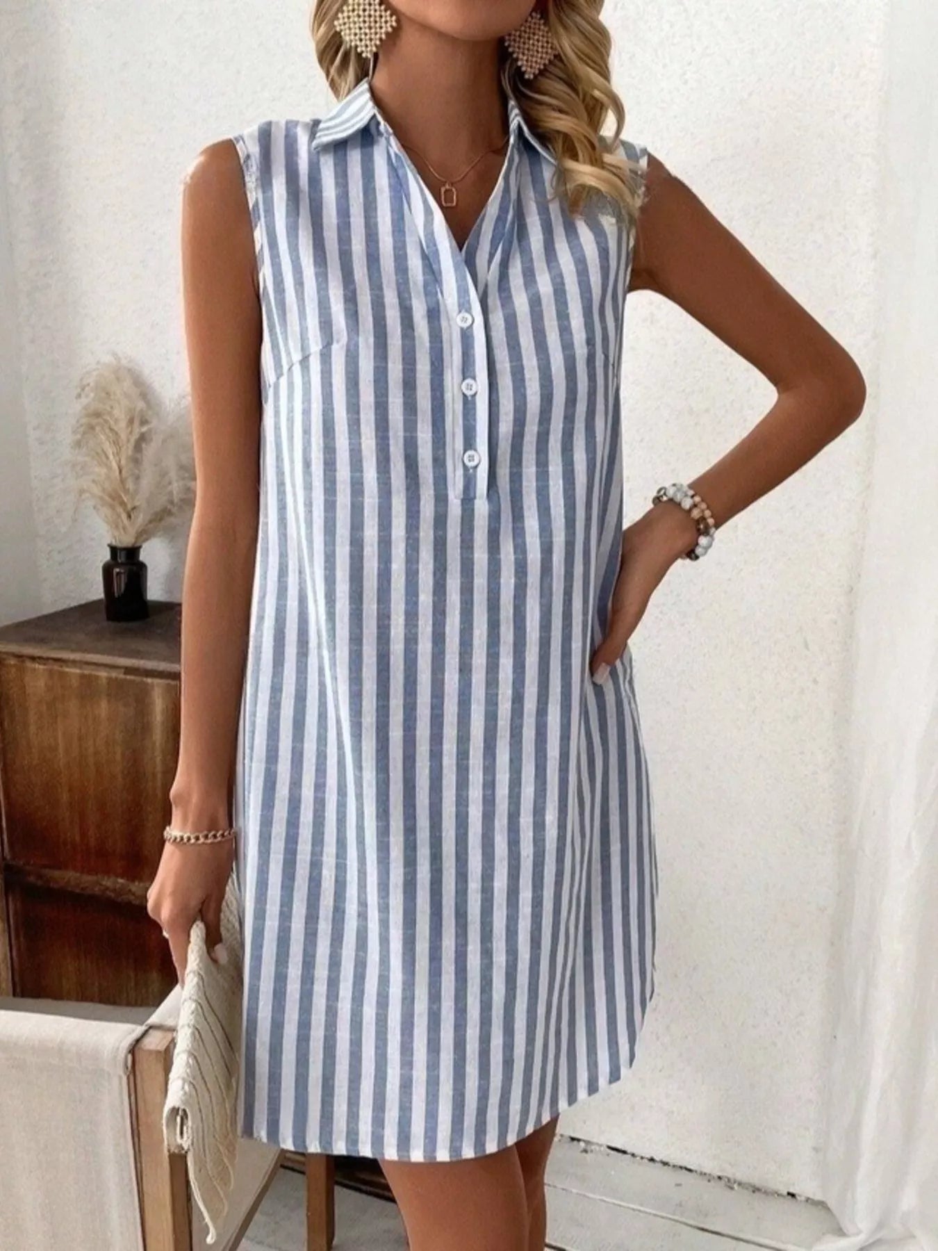 Sleeveless Striped Button Detail Shirt Dress
