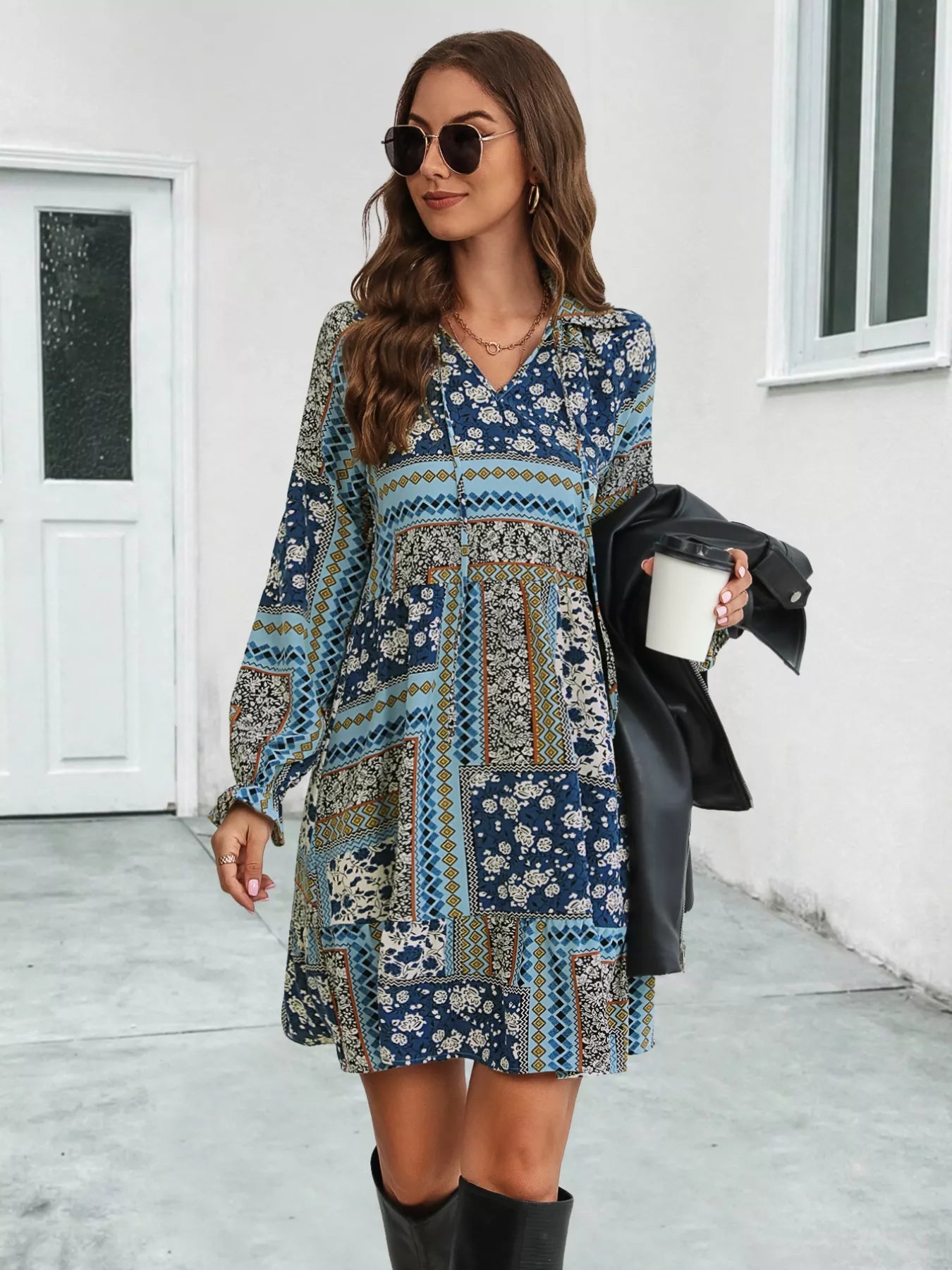 Boho Floral Print Long Sleeve Mini Dress