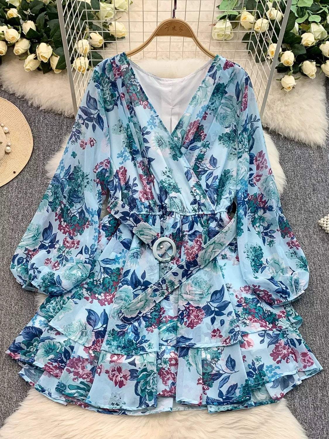 Floral Print Ruffle Hem Mini Dress
