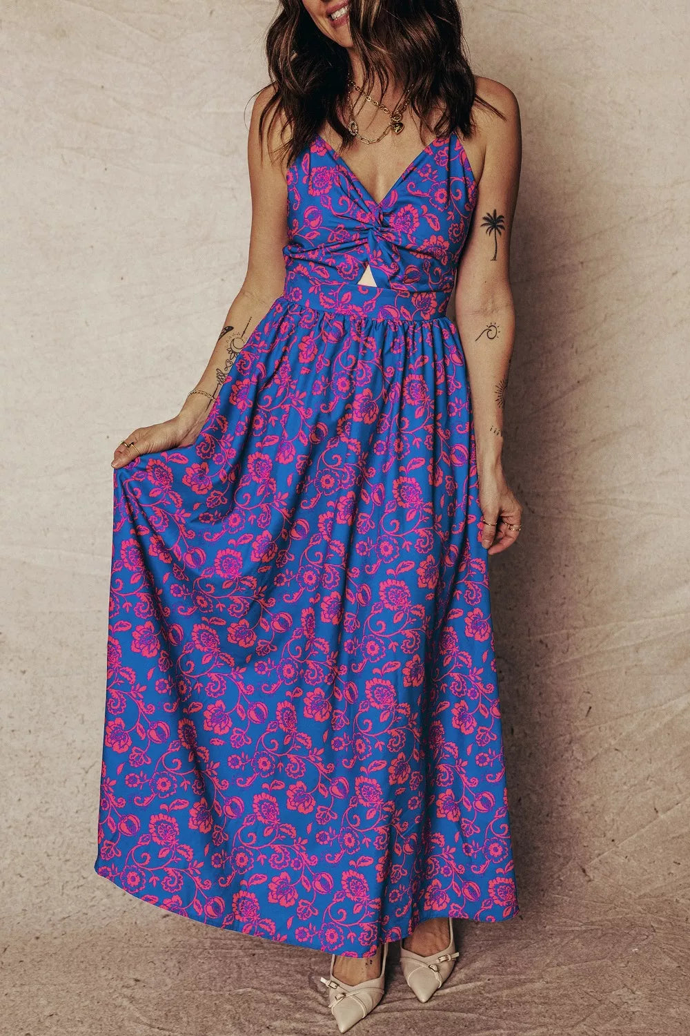 Floral Print Twisted V Neck Tied Backless Maxi Dress
