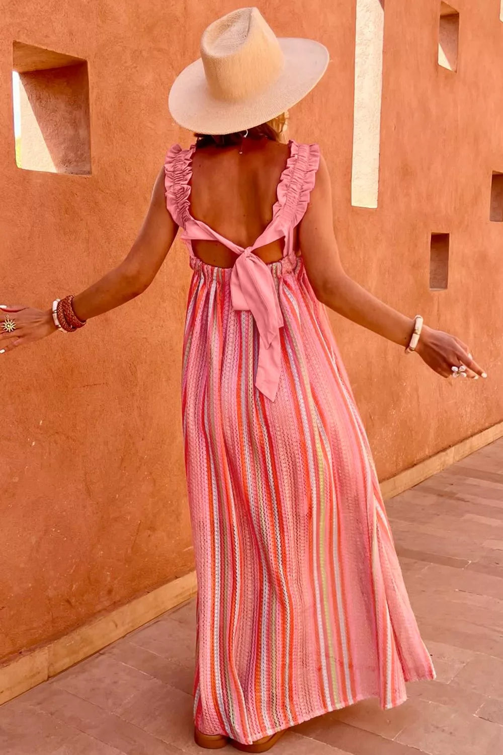Stripe Ruffled Straps Ribbon Knot Flowy Vacation Maxi Dress