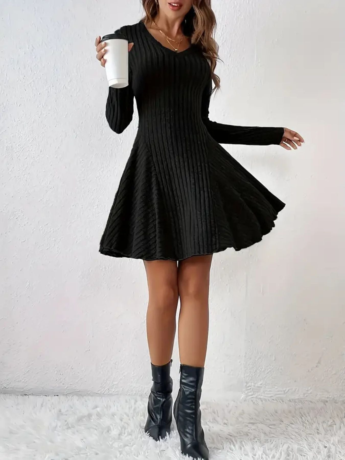 Ribbed Knit Long Sleeve A-Line Dress