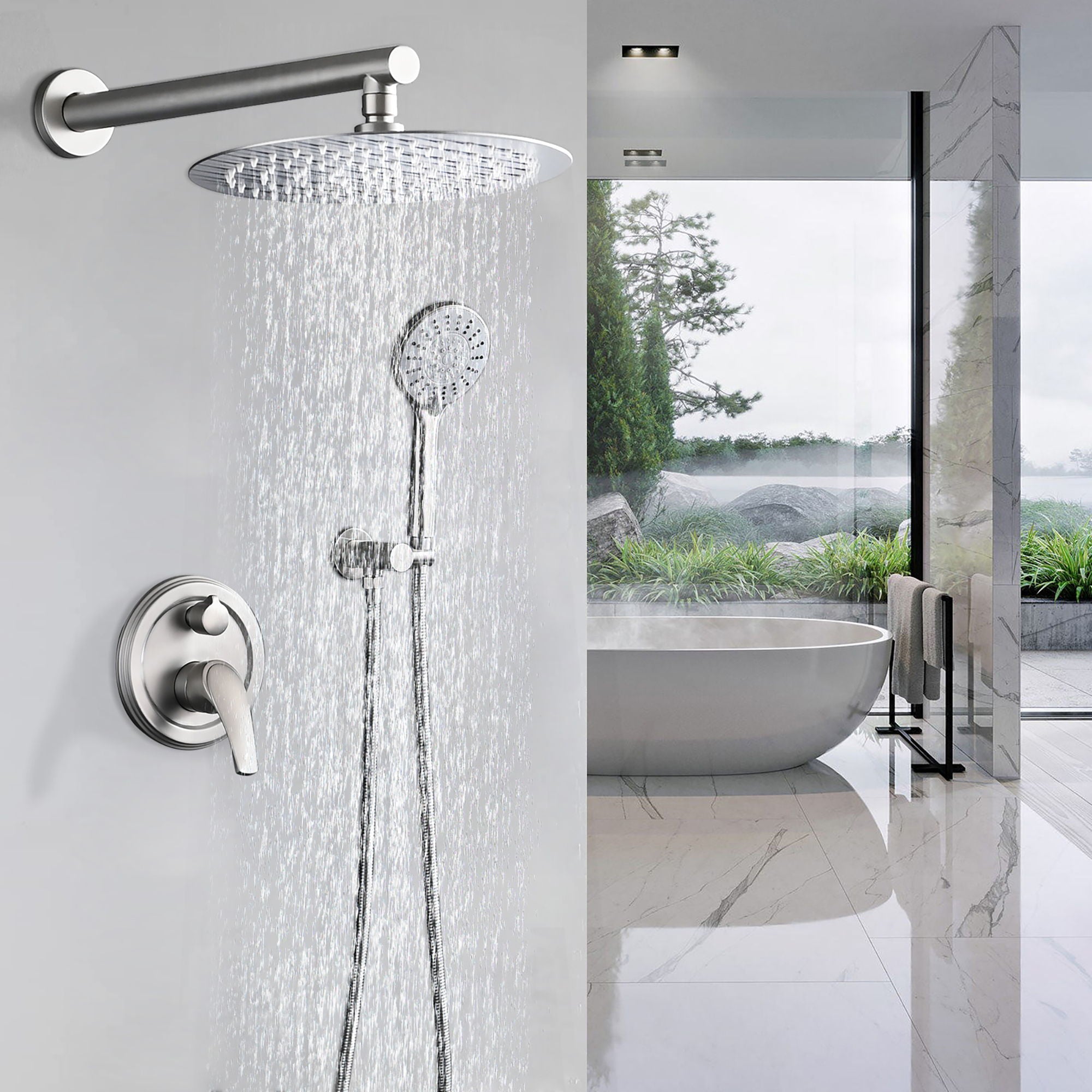 Wall Mounted Shower Set With High Pressure 10" Rain Shower Head And 5 Function Handheld Shower Head