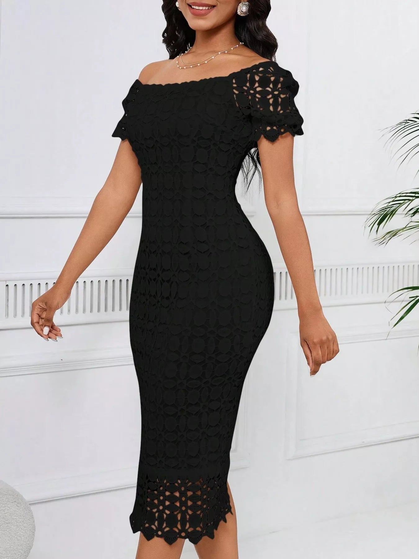 Lace Short Sleeve Midi Dress
