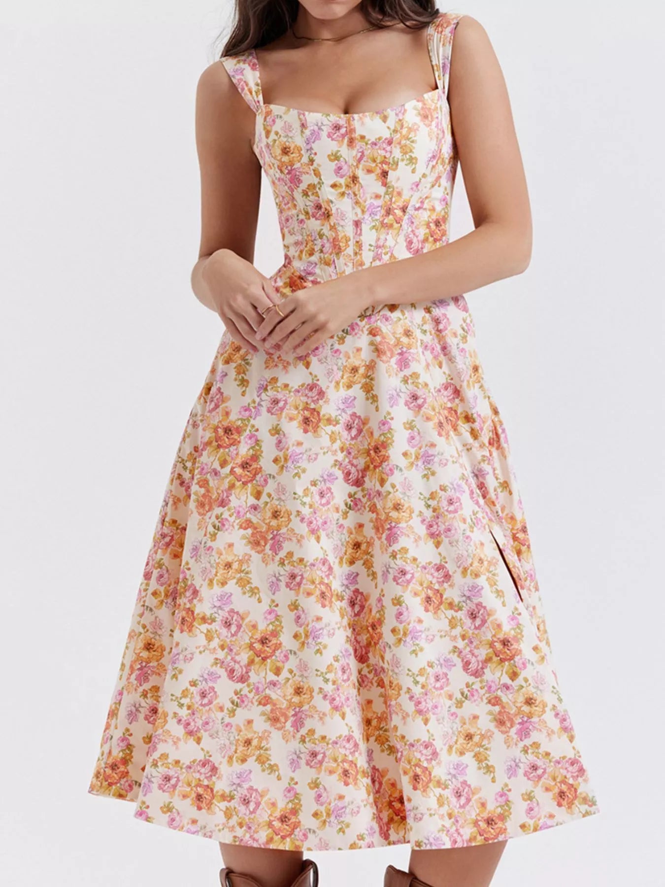 Floral Print Midi Dress with Slit