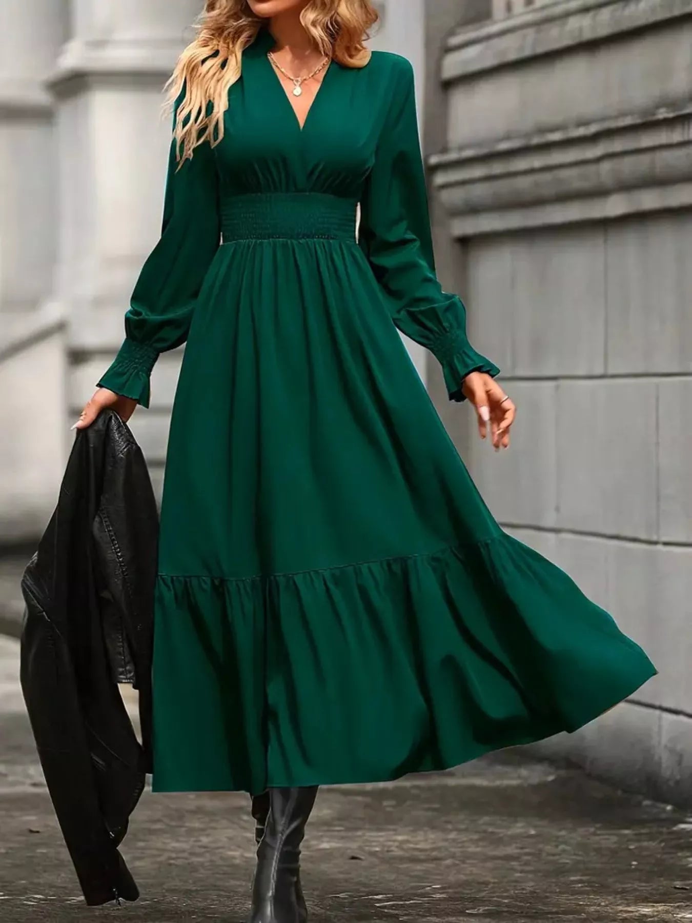 Surplice Long Sleeve Tiered Midi Dress