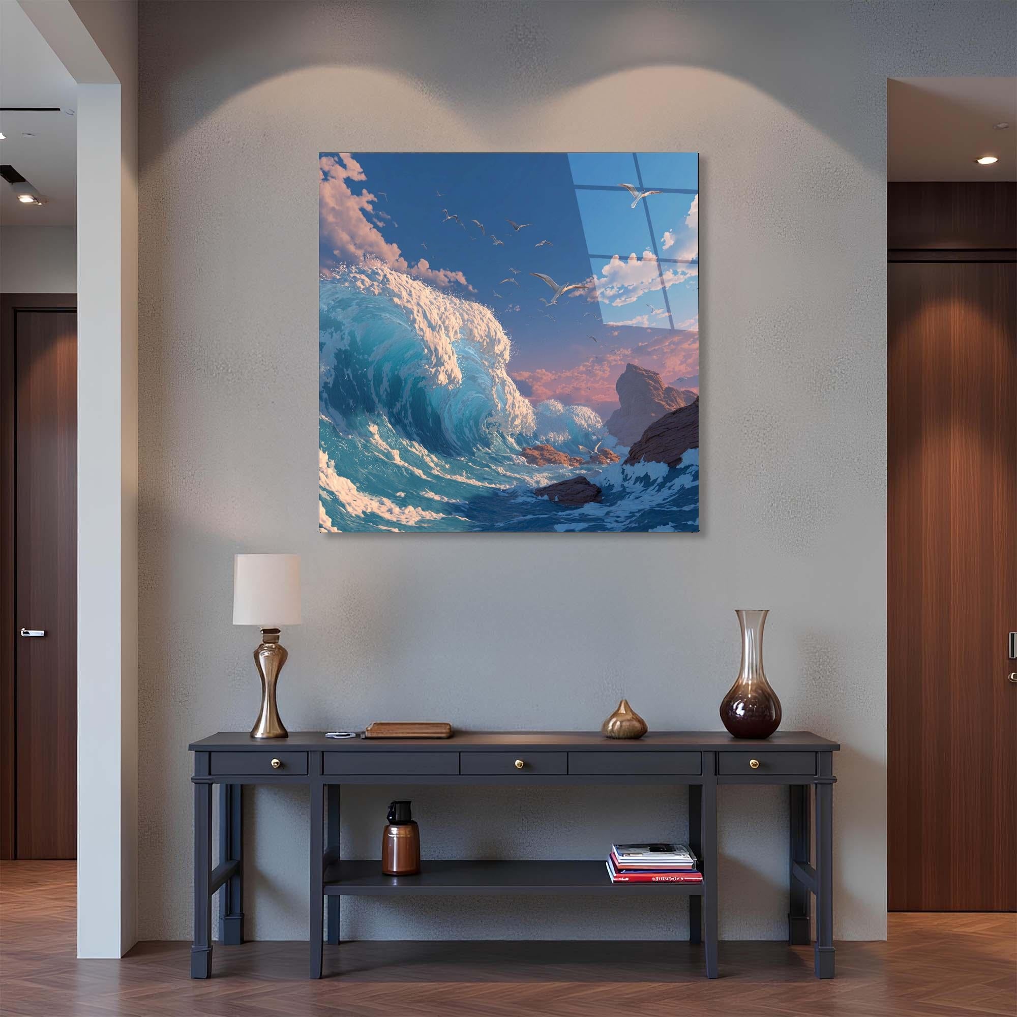Tempered Glass Ocean Wave Wall Art | Coastal Seagulls Decor