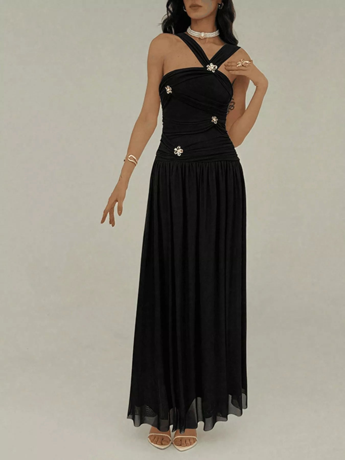 Ruched Sleeveless Maxi Dress with Embellishments