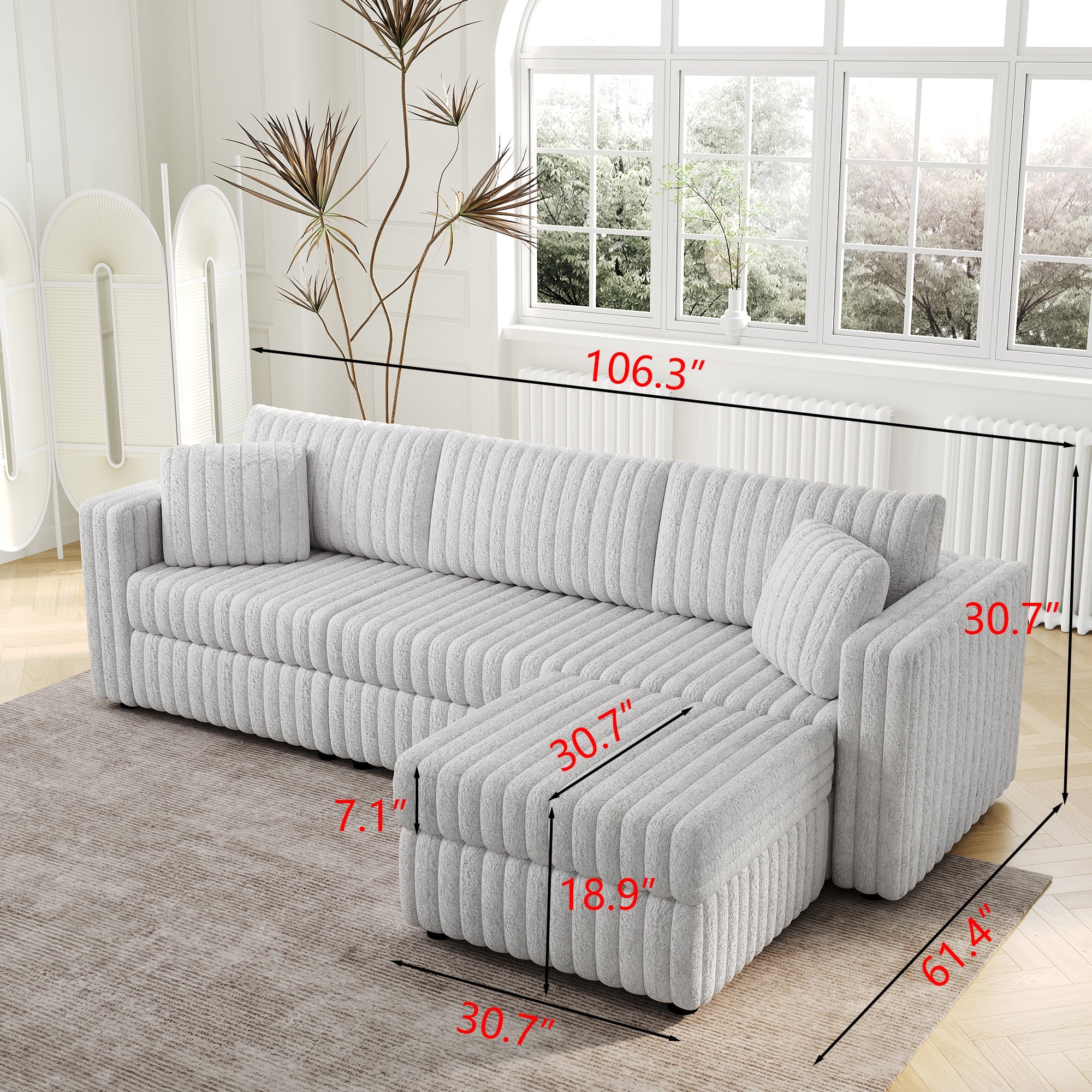 Light Gray Soft 3-Person Sofa with Ottoman