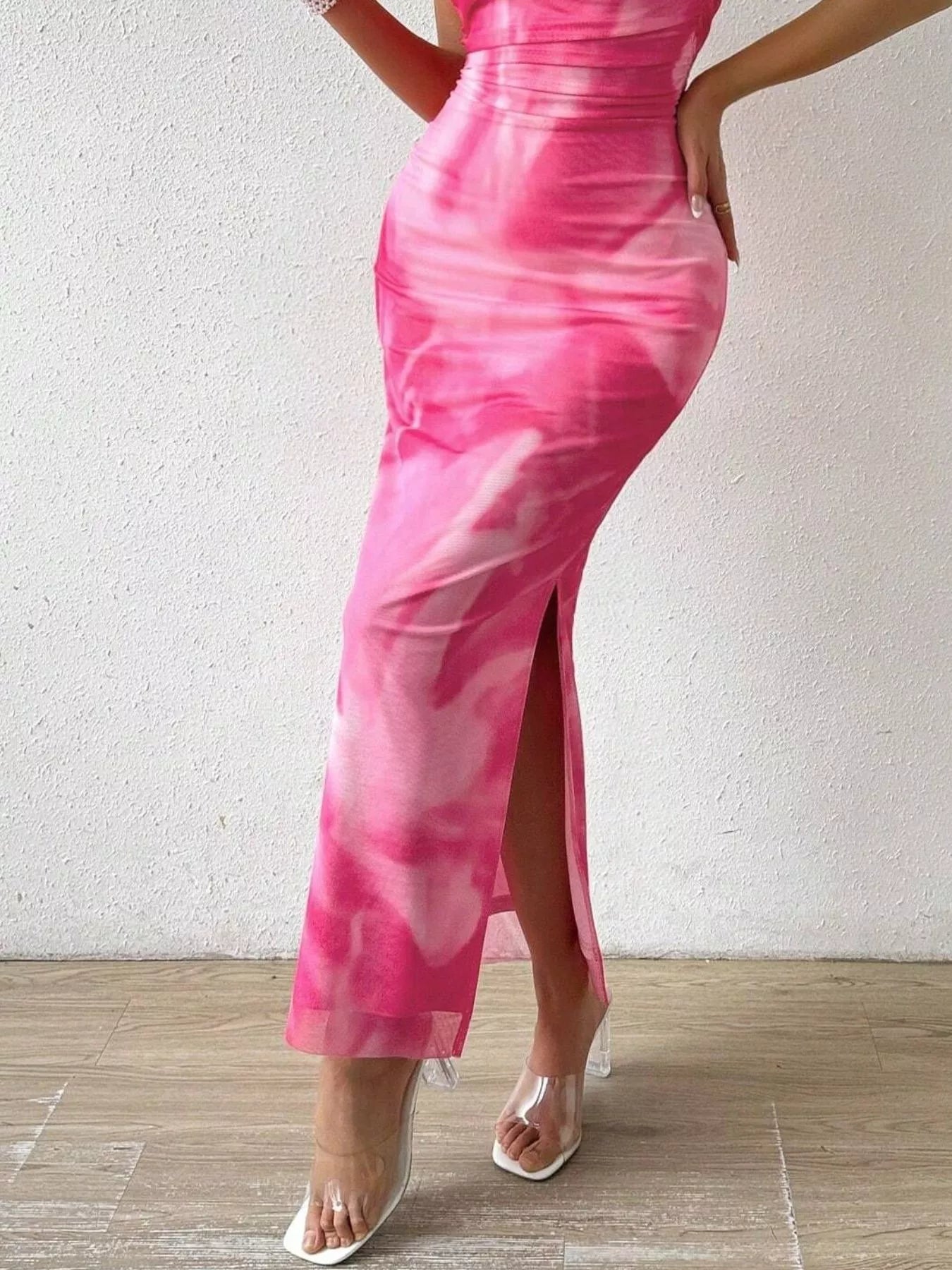 Tie-Dye Ruched Bodycon Tube Slit Dress