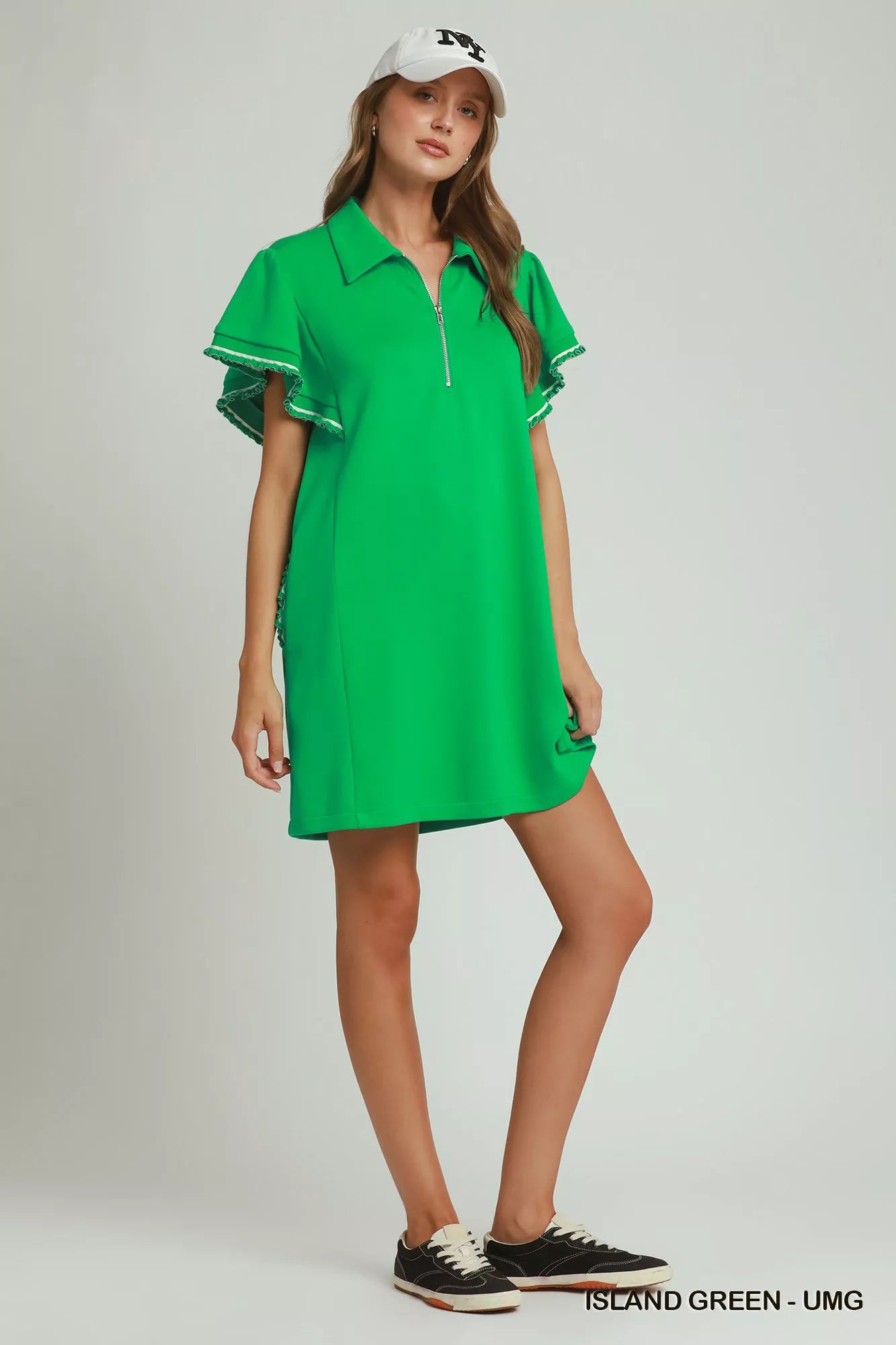 Umgee Half Zip Ruffle Rib Band Butterfy Sleeve Mini Dress with Pockets