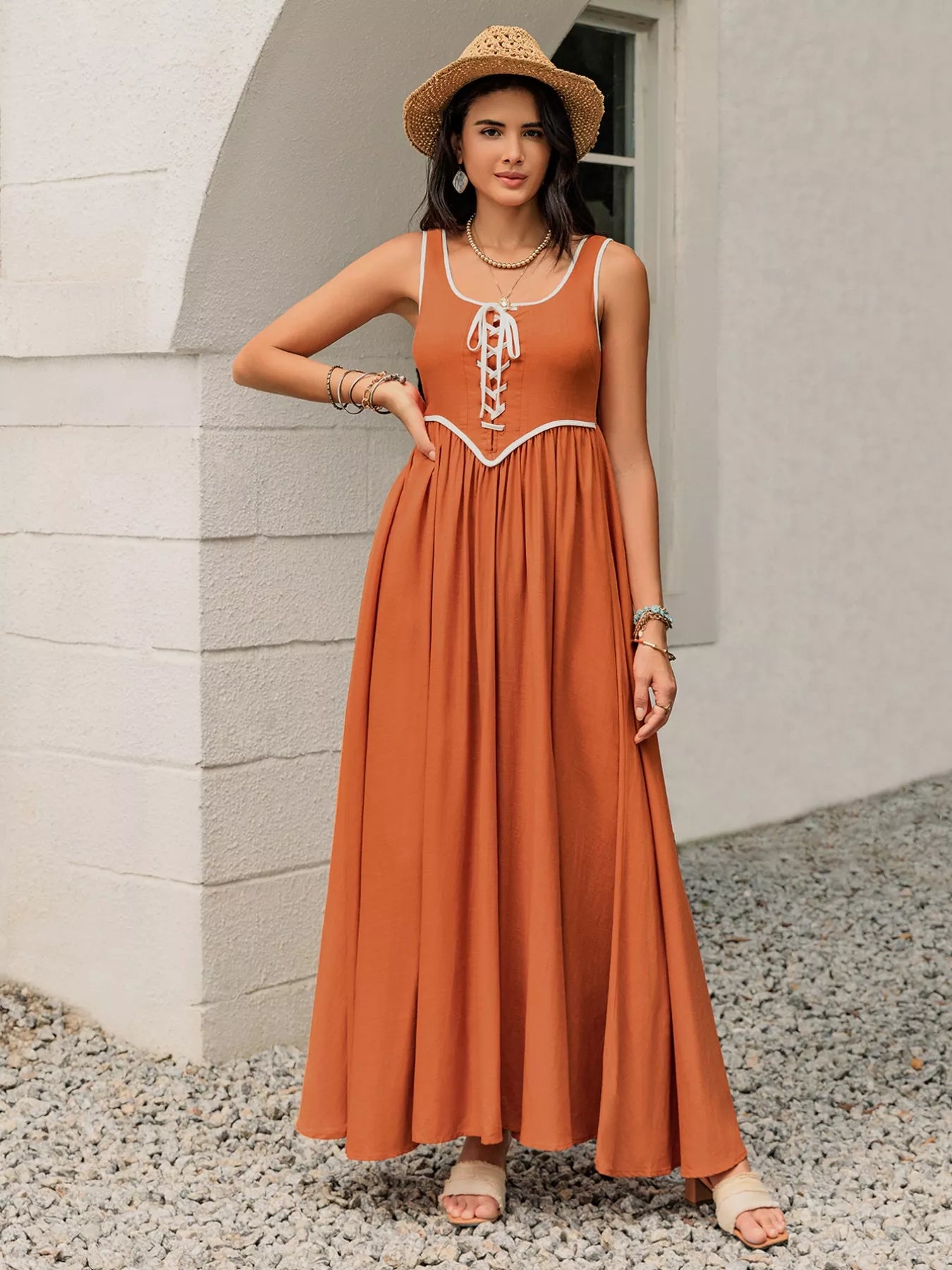 Contrast Trim Lace-Up Maxi Tank Dress
