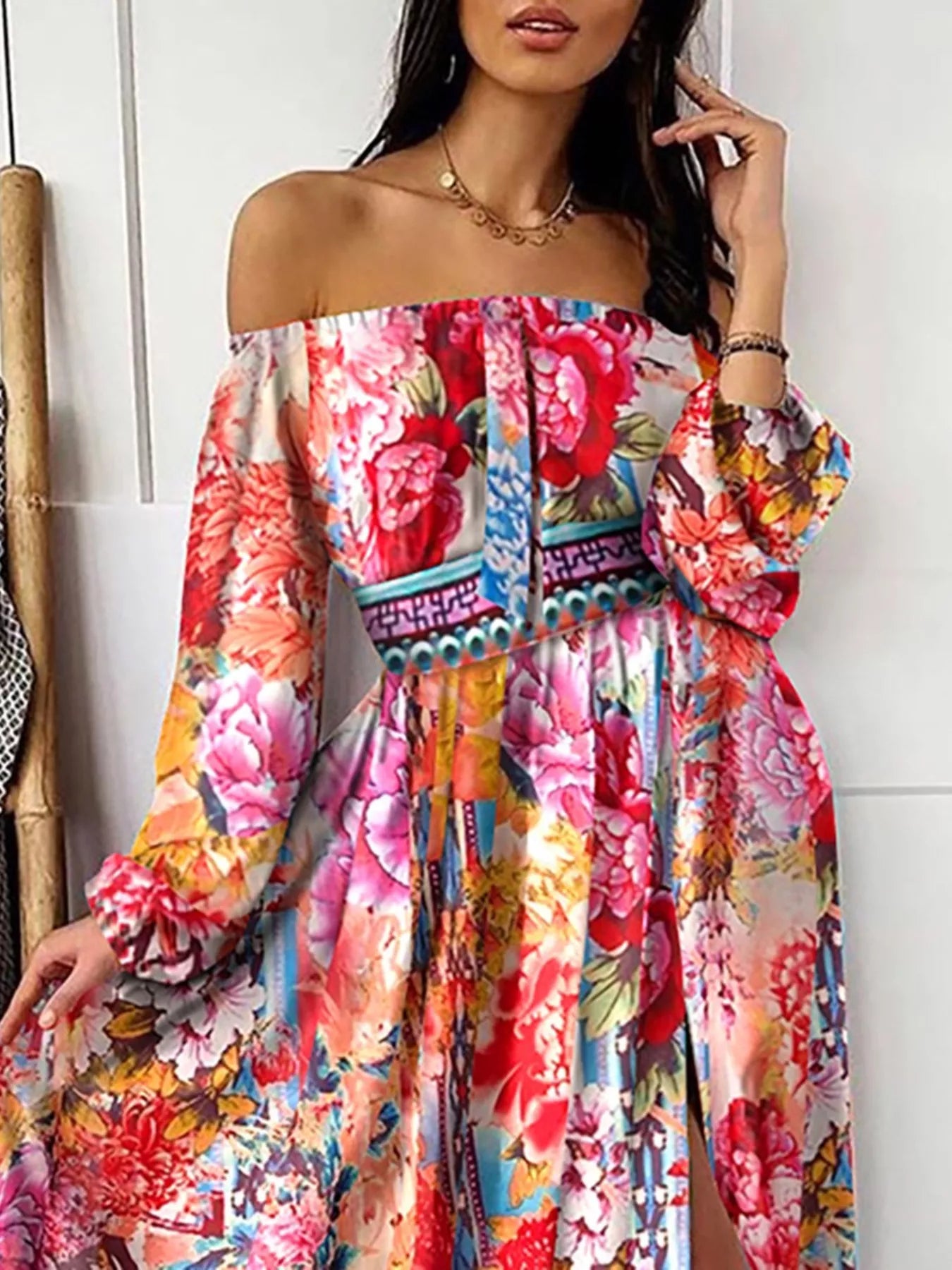 Slit Printed Off Shoulder Maxi Dress