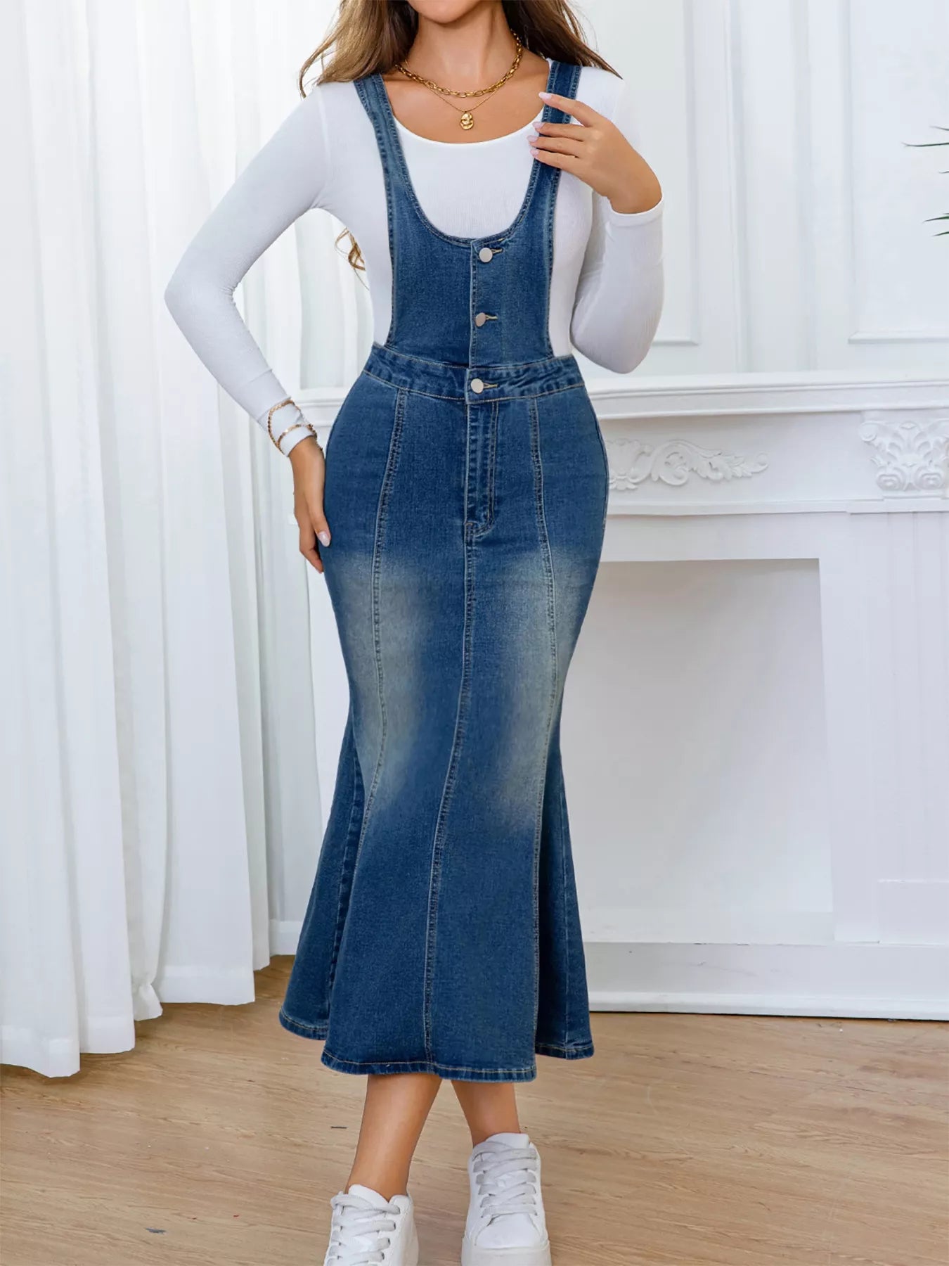 Front-Button Adjustable Fishtail Sleeveless Denim Overall Dress