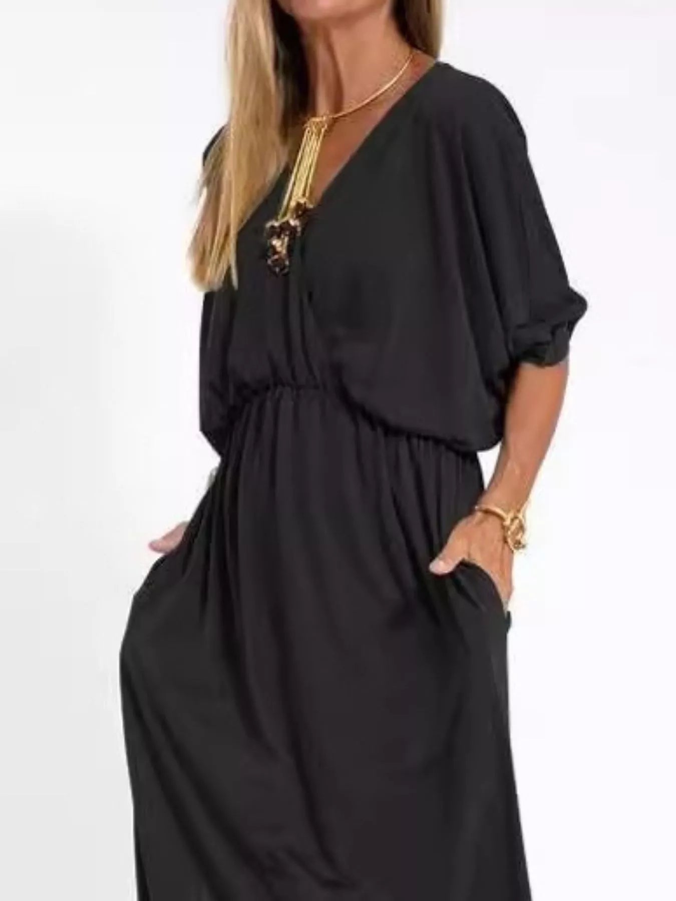Full Size V-Neck Batwing Sleeve Maxi Dress with Side Slits Plus Size