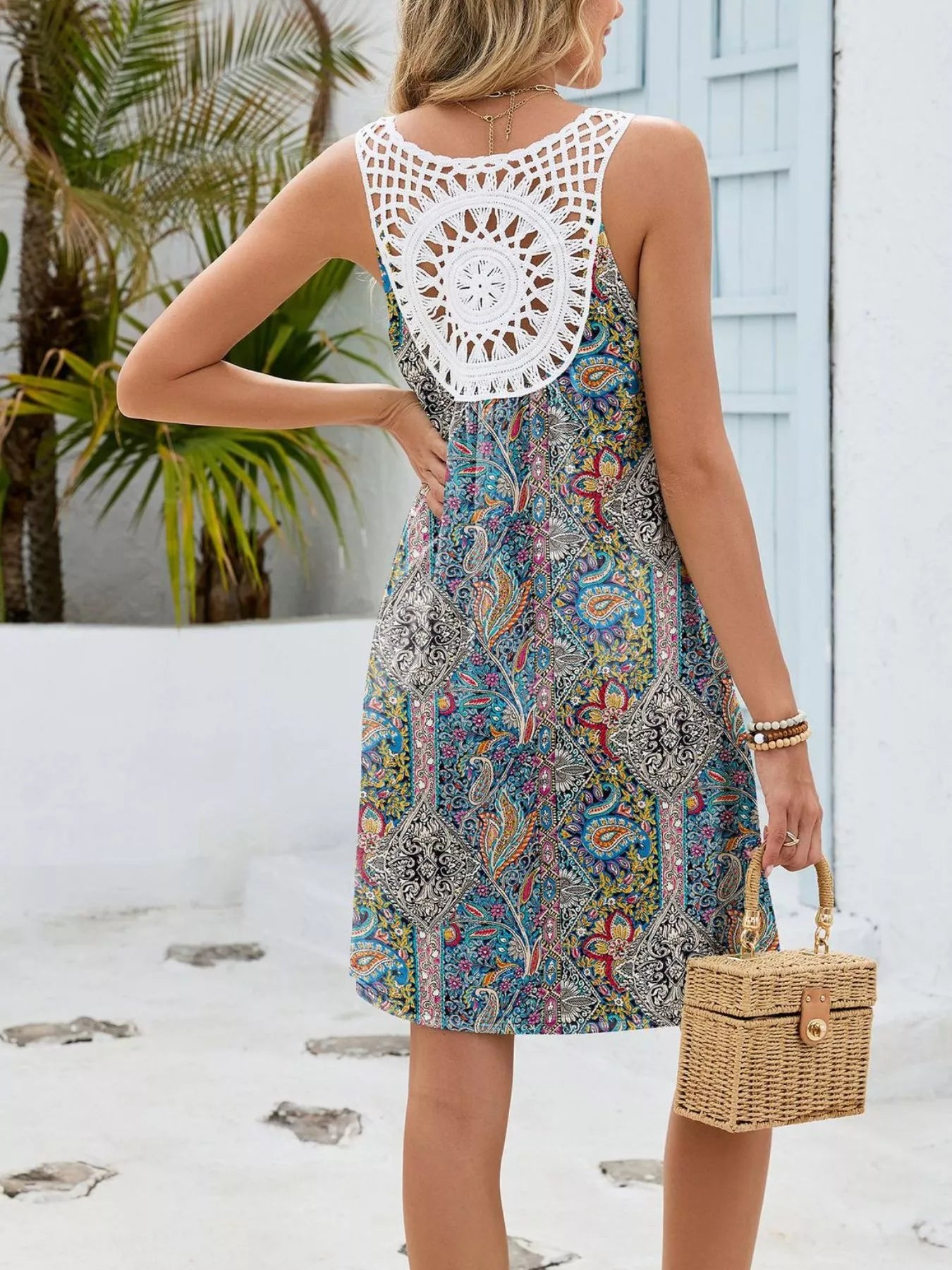 Floral Print V-Neck Crochet Back Mini Dress