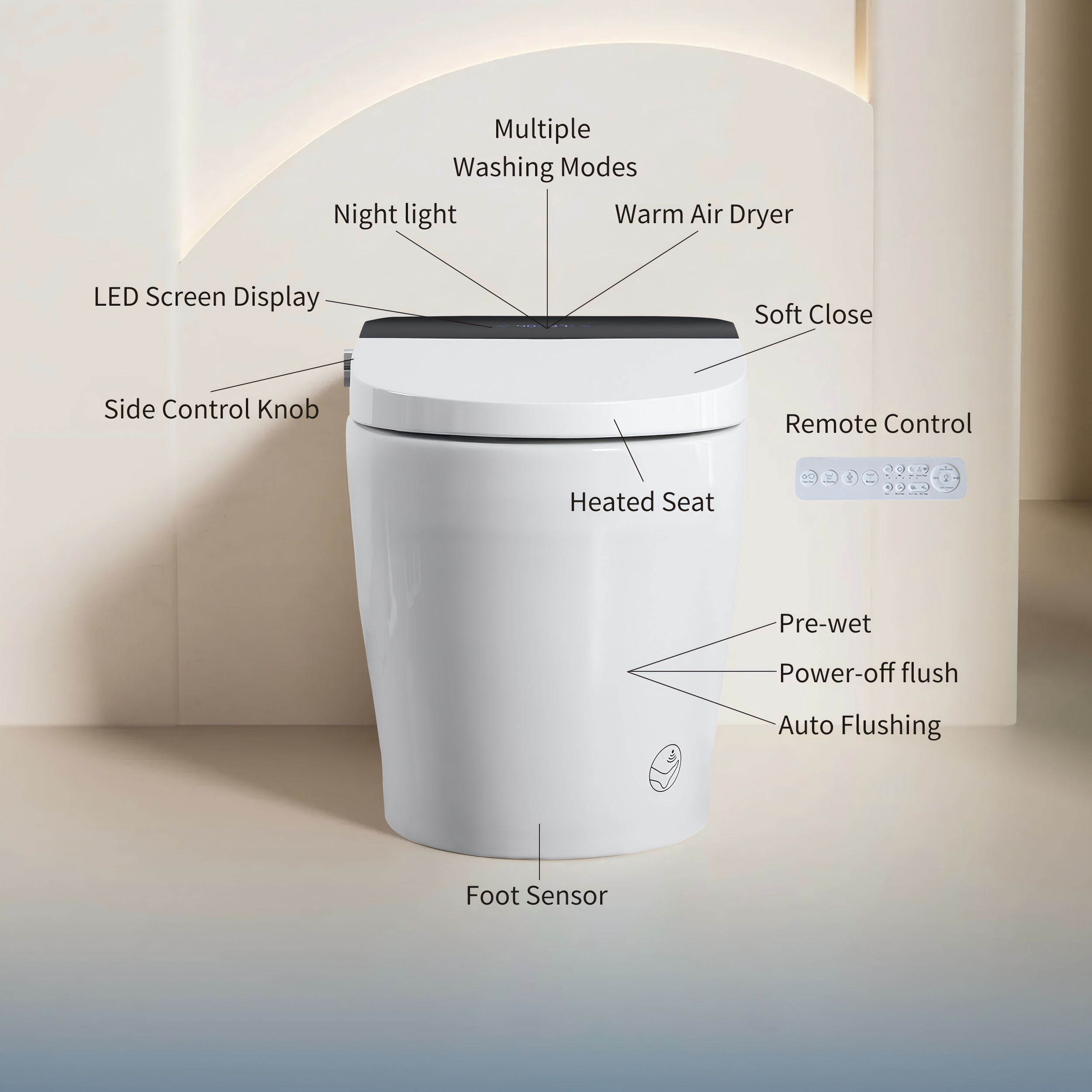 Tankless Smart Toilet with Built-In Bidet and Remote Control