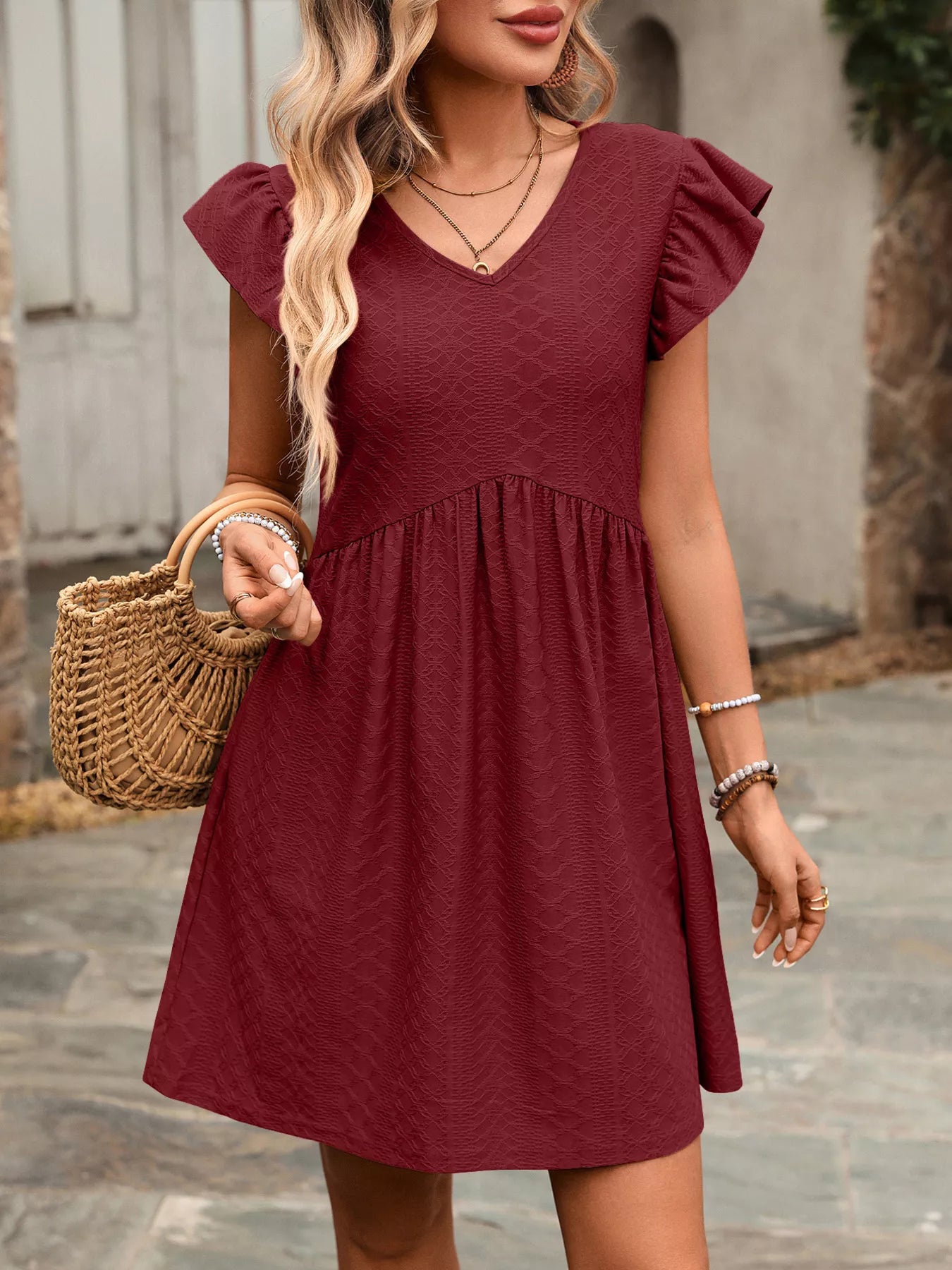 Ruffle Sleeve V-Neck A-Line Dress
