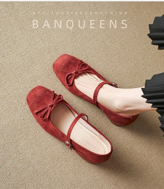 Soft Leather French Style Square Toe Mary Janes, Women 2026 Spring Bow Single Shoes With Single Strap, Daily Commute Flats