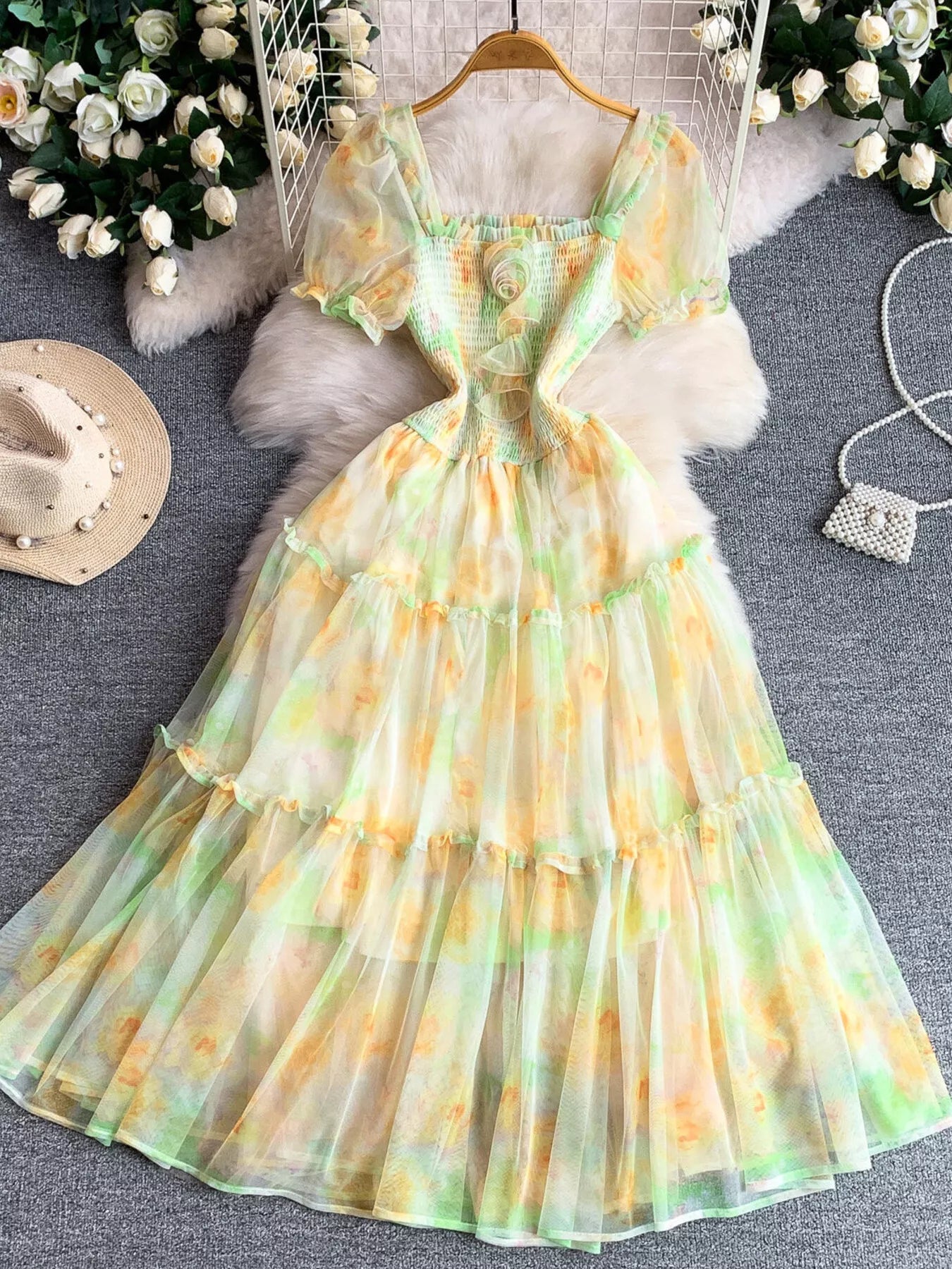 Smocked Floral Tiered Mesh Midi Dress