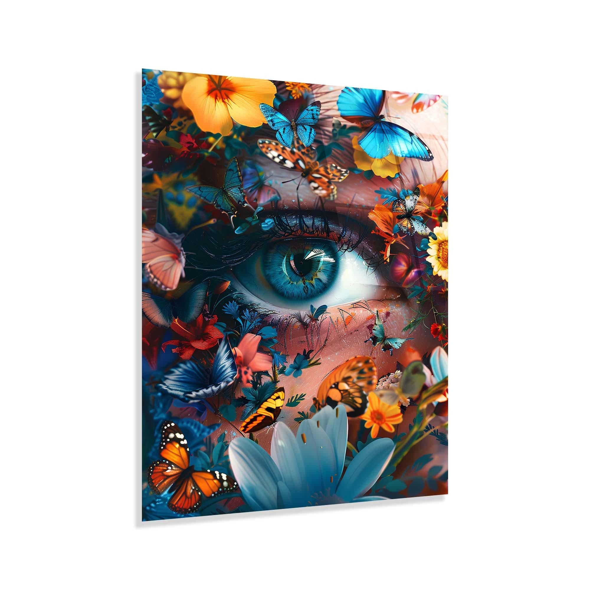 Butterfly Garden Eye Tempered Glass Wall Art | Surreal Botanical Decor