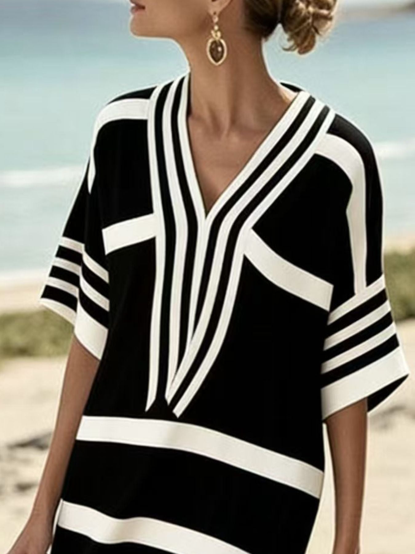 Full Size Striped Half Sleeve Midi Dress Plus Size