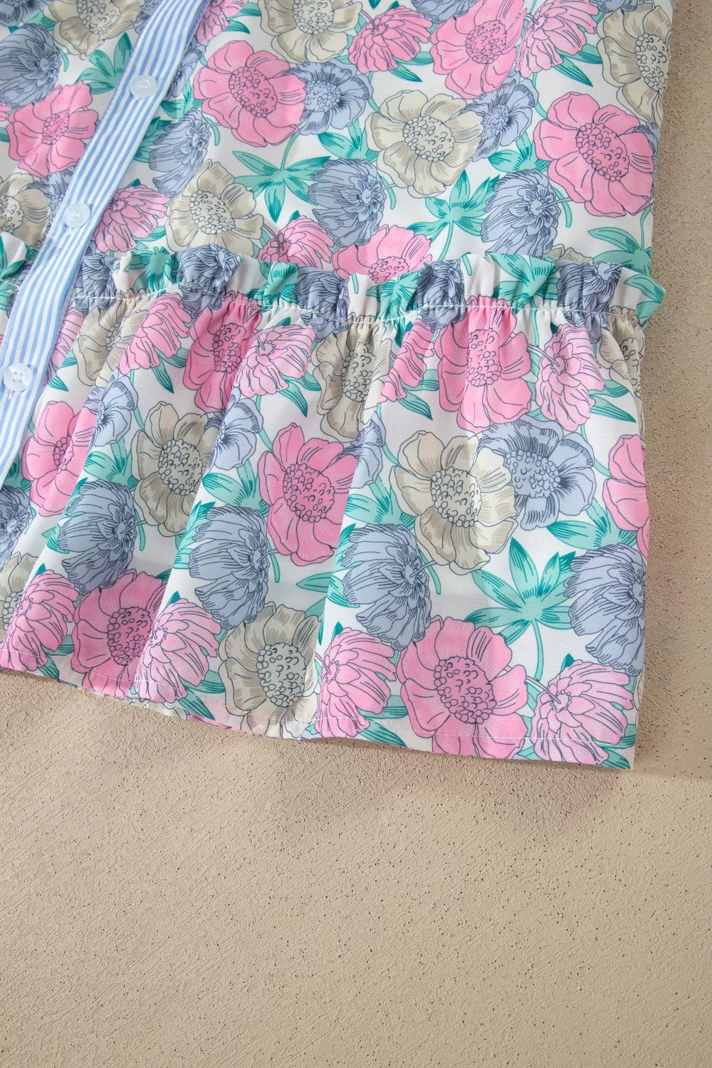 Floral Print Striped Contrast Trim Belted Short Dress