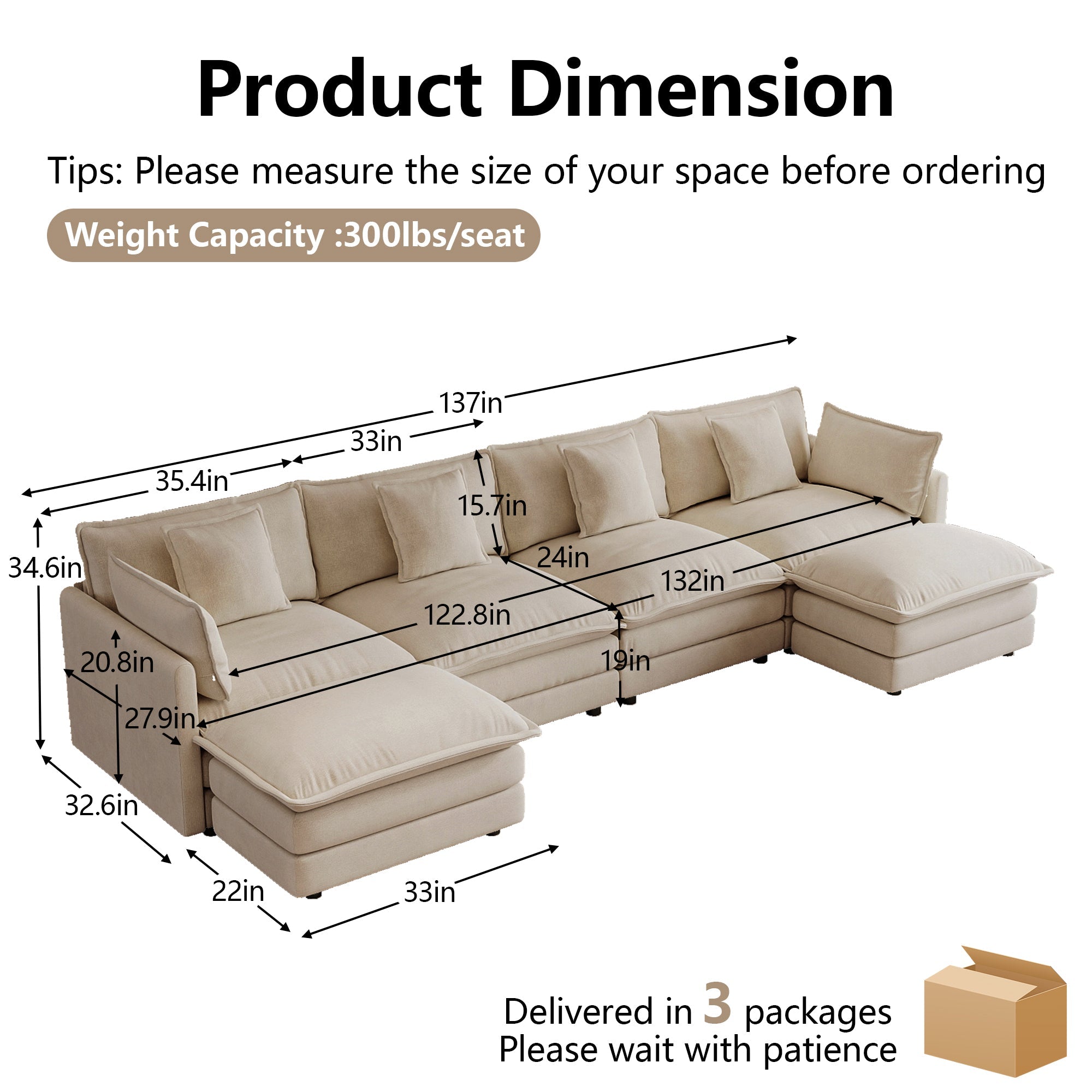 Oversized U Shape Sofa, Modern Upholstered 4 Seater Sofa with 2 Ottomans