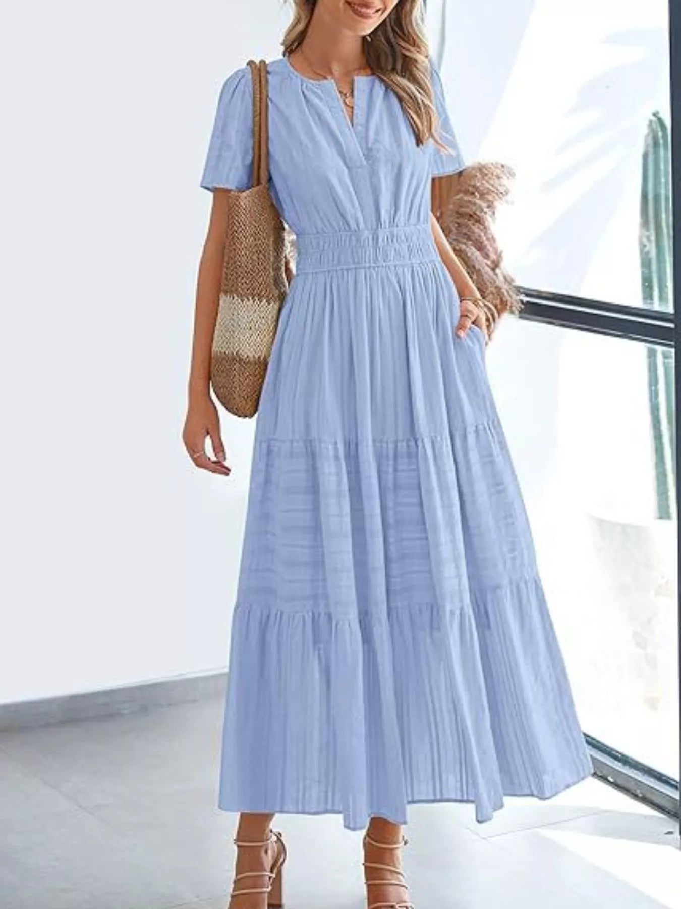 Full Size Short Sleeve Tiered Midi Dress Plus Size